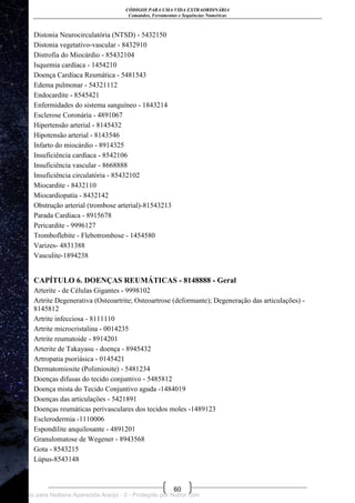 CÓDIGOS PARA UMA VIDA EXTRAORDINÁRIA
Comandos, Ferramentas e Sequências Numéricas
60
Distonia Neurocirculatória (NTSD) - 5432150
Distonia vegetativo-vascular - 8432910
Distrofia do Miocárdio - 85432104
Isquemia cardíaca - 1454210
Doença Cardíaca Reumática - 5481543
Edema pulmonar - 54321112
Endocardite - 8545421
Enfermidades do sistema sanguíneo - 1843214
Esclerose Coronária - 4891067
Hipertensão arterial - 8145432
Hipotensão arterial - 8143546
Infarto do miocárdio - 8914325
Insuficiência cardíaca - 8542106
Insuficiência vascular - 8668888
Insuficiência circulatória - 85432102
Miocardite - 8432110
Miocardiopatia - 8432142
Obstrução arterial (trombose arterial)-81543213
Parada Cardíaca - 8915678
Pericardite - 9996127
Tromboflebite - Flebotrombose - 1454580
Varizes- 4831388
Vasculite-1894238
CAPÍTULO 6. DOENÇAS REUMÁTICAS - 8148888 - Geral
Arterite - de Células Gigantes - 9998102
Artrite Degenerativa (Osteoartrite; Osteoartrose (deformante); Degeneração das articulações) -
8145812
Artrite infecciosa - 8111110
Artrite microcristalina - 0014235
Artrite reumatoide - 8914201
Arterite de Takayasu - doença - 8945432
Artropatia psoriásica - 0145421
Dermatomiosite (Polimiosite) - 5481234
Doenças difusas do tecido conjuntivo - 5485812
Doença mista do Tecido Conjuntivo aguda -1484019
Doenças das articulações - 5421891
Doenças reumáticas perivasculares dos tecidos moles -1489123
Esclerodermia -1110006
Espondilite anquilosante - 4891201
Granulomatose de Wegener - 8943568
Gota - 8543215
Lúpus-8543148
Licenciado para Neiliana Aparecida Araújo - 0 - Protegido por Nutror.com
 