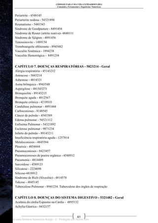CÓDIGOS PARA UMA VIDA EXTRAORDINÁRIA
Comandos, Ferramentas e Sequências Numéricas
61
Periartrite - 4548145
Periarterite nodosa - 54321894
Reumatismo - 5481543
Síndrome de Goodpasture - 8491454
Síndrome de Reuter (artrite reativa)- 4848111
Síndrome de Sjögren - 4891456
Tenossinovite - 1489154
Tromboangeíte obliterante - 8945482
Vasculite Sistêmica - 1894238
Vasculite Hemorrágica - 8491234
CAPÍTULO 7. DOENÇAS RESPIRATÓRIAS - 5823214 - Geral
Alergia respiratória - 45143212
Antracose - 5843214
Asbestose - 4814321
Asma brônquica - 8943548
Aspergilose - 481543271
Bronquiolite - 89143215
Bronquite aguda - 4812567
Bronquite crônica - 4218910
Candidíase pulmonar - 4891444
Carboconioses - 8148545
Câncer de pulmão - 4541589
Edema pulmonar - 54321112
Enfisema Pulmonar - 54321892
Esclerose pulmonar - 9871234
Infarto do pulmão - 89143211
Insuficiência respiratória aguda - 1257814
Metaloconiosis - 4845584
Pleurisia - 4854444
Pneumoconioses - 8423457
Pneumoconioses de poeira orgânica - 4548912
Pneumonia - 4814489
Sarcoidose - 4589123
Silicatose - 2224698
Silicose-4818912
Síndrome de Rich (Alveolite) - 4814578
Talcose - 4845145
Tuberculose Pulmonar - 8941234. Tuberculose dos órgãos de respiração
CAPÍTULO 8. DOENÇAS DO SISTEMA DIGESTIVO - 5321482 - Geral
Acalásia da cárdia/Espasmo na Cárdia - 4895132
Achylia Gástrica - 8432157
Licenciado para Neiliana Aparecida Araújo - 0 - Protegido por Nutror.com
 