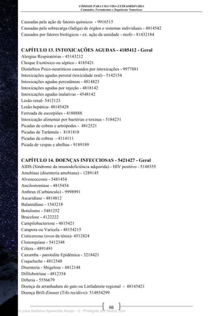 CÓDIGOS PARA UMA VIDA EXTRAORDINÁRIA
Comandos, Ferramentas e Sequências Numéricas
66
Causadas pela ação de fatores químicos - 9916515
Causadas pela sobrecarga (fadiga) de órgãos e sistemas individuais - 4814542
Causados por fatores biológicos - ex. ação da umidade - mofo - 81432184
CAPÍTULO 13. INTOXICAÇÕES AGUDAS - 4185412 - Geral
Alergias Respiratórias - 45143212
Choque Exotóxico ou séptico - 4185421
Distúrbios Psico-neuróticos causados por intoxicações - 9977881
Intoxicações agudas peroral (toxicidade oral) - 5142154
Intoxicações agudas percutâneas - 4814823
Intoxicações agudas por injeção - 4818142
Intoxicações agudas inalativas - 4548142
Lesão renal- 5412123
Lesão hepática- 48145428
Ferroada de escorpiões - 4188888
Intoxicação alimentar por bactérias e toxinas - 5184231
Picadas de cobras e artrópodes - 4812521
Picadas de Tarântula - 8181818
Picadas de cobras - 4114111
Picada de vespas e abelhas - 9189189
CAPÍTULO 14. DOENÇAS INFECCIOSAS - 5421427 - Geral
AIDS (Síndrome da imunodeficiência adquirida) - HIV positivo - 5148555
Amebíase (disenteria amebiana) - 1289145
Alveococcosis - 5481454
Ancilostomíase - 4815454
Anthrax (Carbúnculo) - 9998991
Ascaridíase - 4814812
Balantidíase - 1543218
Botulismo - 5481252
Brucelose - 4122222
Campilobacteriose - 4815421
Catapora ou Varicela - 48154215
Cisticercose (ovos da tênia)- 4512824
Clonorquíase - 5412348
Cólera - 4891491
Caxumba - parotidite Epidêmica - 3218421
Coqueluche - 4812548
Disenteria - Shigelose - 4812148
Difilobotríase - 4812354
Difteria - 5556679
Doença da arranhadura do gato ou Linfadenite regional - 48145421
Doença Brill-Zinsser (Tifo recidivo)- 514854299
Licenciado para Neiliana Aparecida Araújo - 0 - Protegido por Nutror.com
 