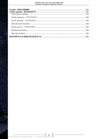CÓDIGOS PARA UMA VIDA EXTRAORDINÁRIA
Comandos, Ferramentas e Sequências Numéricas
6
Tecidos - 898314988889 .................................................................................................................122
Tecido epitelial - 891389426319 ....................................................................................................122
Vários tipos de epitélio:............................................................................................................................. 123
Tecido conjuntivo - 719317918517........................................................................................................... 123
Tecido muscular – 514312814312 ............................................................................................................ 123
Tipos de tecido muscular:.......................................................................................................................... 123
Tecido nervoso – 718412518914 .............................................................................................................. 123
Estrutura do neurónio:............................................................................................................................... 124
Tipos de neurônios: ................................................................................................................................... 125
REFERÊNCIAS BIBLIOGRÁFICAS.........................................................................................126
Licenciado para Neiliana Aparecida Araújo - 0 - Protegido por Nutror.com
 