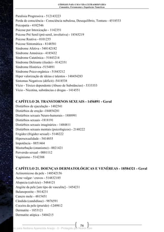 CÓDIGOS PARA UMA VIDA EXTRAORDINÁRIA
Comandos, Ferramentas e Sequências Numéricas
74
Paralisia Progressiva - 512143223
Perda de consciência - Consciência nebulosa, Desequilíbrio, Tontura - 4518533
Psicopatia - 4182546
Psicose por Intoxicação - 1142351
Psicose Pré Senil (pré-senil, involutiva) - 18543219
Psicose Reativa - 0101255
Psicose Sintomática - 8148581
Síndrome Afetiva - 548142182
Síndrome Amnésica - 4185432
Síndrome Catatônica - 51843214
Síndrome Delirante (ilusão) - 8142351
Síndrome Histérica -5154891
Síndrome Psico-orgânica - 51843212
Hiper valorização de ideias e talentos - 148454283
Sintomas Negativos (déficit) -5418538
Vício - Tóxico dependente (Abuso de Substâncias) - 5333353
Vício - Nicotina, substâncias e drogas - 1414551
CAPÍTULO 20. TRANSTORNOS SEXUAIS - 1456891 - Geral
Distúrbios de ejaculação - 1482541
Distúrbios de ereção -184854281
Distúrbios sexuais Neuro-humorais - 1888991
Distúrbios sexuais -1818191
Distúrbios sexuais imaginários - 1484811
Distúrbios sexuais mentais (psicológicos) - 2148222
Frigidez (frigidez sexual) - 5148222
Hipersexualidade - 5414855
Impotência - 8851464
Masturbação (onanismo) - 0021421
Perversão sexual - 0001112
Vaginismo - 5142388
CAPÍTULO 21. DOENÇAS DERMATOLÓGICAS E VENÉREAS - 18584321 - Geral
Actinomicose da pele - 148542156
Acne vulgar / cravos - 514832185
Alopecia (calvície) - 5484121
Angiite da pele [um tipo de vasculite] - 1454231
Balanopostite - 5814231
Cancro mole - 4815451
Cândida (candidíase) - 9876591
Coceira da pele (prurido) -1249812
Dermatite - 1853121
Dermatite atópica - 5484215
Licenciado para Neiliana Aparecida Araújo - 0 - Protegido por Nutror.com
 