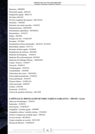 CÓDIGOS PARA UMA VIDA EXTRAORDINÁRIA
Comandos, Ferramentas e Sequências Numéricas
78
Panarício - 8999999
Pancreatite aguda - 4881431
Paraproctite aguda - 4842118
Pé Chato-1891432
Pé torto congênito (pé equino) - 485143241
Peritonite - 1428543
Peritonite em recém-nascidos - 4184321
Piopneumotórax -148543299
Pneumotórax espontâneo - 481854221
Pneumotórax - 5142147
Pólipo - 4819491
Prolapso do reto - 514832187
Prostatite - 9718961
Pseudoartrose (Falsa articulação) - 4814214 / 8214231
Queimadura cutânea - 8191111
Retenção urinária aguda - 0144444
Rompimento do menisco - 8435482
Síndrome de Dumping - 4184214
Síndrome Pós colecistectomia -4518421
Síndrome de Zollinger-Ellison - 148543295
Torção / Entorse - 5148517
Torcicolo - 4548512
Tromboangeíte - 5432142
Tromboflebite - 1454580
Tuberculose dos ossos - 148543281
Úlcera péptica penetrante - 9148532
Úlcera perfurante - 8143291
Úlceras tróficas - 514852154
Unha encravada - 4548547
Uretrite -1387549
Varicocele - 81432151
Varizes de membros inferiores - 4831388
CAPÍTULO 23. DOENÇAS DO OUVIDO, NARIZ E GARGANTA - 1851432 - Geral
Abscesso retrofaríngeo - 1454321
Adenoides - 5189514
Aerosinusite - 514854237
Amigdalite / tonsilite aguda - 1999999
Amigdalite crônica / tonsilite crônica - 35184321
Atresia e sinéquia da cavidade nasal - 1989142
Cera no ouvido - 48145814
Corpos estranhos no ouvido - 54321545
Doença de Meniere - 514854233
Licenciado para Neiliana Aparecida Araújo - 0 - Protegido por Nutror.com
 