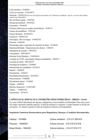 CÓDIGOS PARA UMA VIDA EXTRAORDINÁRIA
Comandos, Ferramentas e Sequências Numéricas
81
Cárie dentária - 5148584
Cistos no maxilar - 514218877
Dentição - 18543218 (no livro do Grigori este número é de "Doenças na infância", cap.16, e no livro da Svetlana
consta como "Dentição").
Dor de Dente aguda - 5182544
Doença periodontal - 58145421
Estomatite - 4814854
Fleimão (Abscesso) na região maxilofacial - 5148312
Fratura da mandíbula - 5182148
Fratura de dente - 814454251
Gengivite - 548432123
Glossalgia - Dor na língua - 514852181
Glossite - 1484542
Hemorragia após a operação de remoção de dente - 8144542
Hipersensibilidade - Hiperestesia dos dentes - 1484312
Hipoplasia de esmalte - 74854321
Leucoplasia - 485148151
Infecção Focal Dentária - 514854814
Luxação da ATM - articulação temporo-mandibular - 5484311
Luxação do dente - 485143277
Neuralgia do trigêmeo - 5148485
Osteomielite de mandíbula - 5414214
Papilite - 5844522
Periodontite - 5182821
Parodontite/Parodontose - 58145421
Pericoronarite - 5188888
Periodontite apical - 3124601
Pulpite - 1468550
Queilite (boqueira) - 518431482
Tártaro - 514852182
Xerostomia – 5814514
CAPÍTULO 26. DOENÇAS E CONDIÇÕES DESCONHECIDAS - 1884321 - Geral
Às vezes é difícil determinar não apenas o diagnóstico como também a enfermidade. Para esses casos
foi criado o presente capítulo especial. A ideia do método é a seguinte: o corpo humano se divide em
sete partes. As citamos, pondo ao lado da sequência numérica correspondente.
Sequências Numéricas Restauradoras para Diagnósticos, Doenças e Condições Desconhecidas.
Cabeça – 1819999 Coluna vertebral - 214 217 000 819
Pescoço – 18548321 Coluna cervical - 312 218 212 918
Braço Direito – 1854322 Coluna torácica - 214 217 814 717
Licenciado para Neiliana Aparecida Araújo - 0 - Protegido por Nutror.com
 