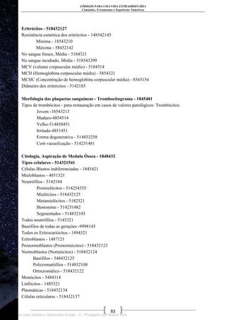 CÓDIGOS PARA UMA VIDA EXTRAORDINÁRIA
Comandos, Ferramentas e Sequências Numéricas
83
Eritrócitos - 518432127
Resistência osmótica dos eritrócitos - 148542145
Mínima - 18543210
Máxima - 58432142
No sangue fresco, Média - 5184321
No sangue incubado, Média - 518543299
MCV (volume corpuscular médio) - 5184514
MCH (Hemoglobina corpuscular média) - 5854321
MCHC (Concentração de hemoglobina corpuscular média) - 8543154
Diâmetro dos eritrócitos - 5142185
Morfologia das plaquetas sanguíneas - Trombocitograma - 1845481
Tipos de trombócitos - para restauração em casos de valores patológicos: Trombócitos:
Jovem -18543213
Maduro-4854514
Velho-514858451
Irritado-4851451
Forma degenerativa - 514853258
Com vacuolização - 514231481
Citologia, Aspiração de Medula Óssea - 1848432
Tipos celulares - 514321541
Células Blastos indiferenciadas - 1845421
Mieloblastos - 4851321
Neutrófilos - 5142184
Promielócitos - 514254355
Mielócitos - 518432125
Metamielócitos - 5182321
Bastonetes - 514231482
Segmentados - 514832103
Todos neutrófilos - 5145321
Basófilos de todas as gerações -9998143
Todos os Eritrocariócitos - 1894321
Eritroblastos - 1487121
Pronormoblastos (Pronormócitos) - 518432123
Normoblastos (Normócitos) - 518432124
Basófilos - 548432125
Policromatófilos - 514832108
Ortocromático - 518432122
Monócitos - 5484314
Linfócitos - 1485321
Plasmáticas - 518432134
Células reticulares - 518432137
Licenciado para Neiliana Aparecida Araújo - 0 - Protegido por Nutror.com
 