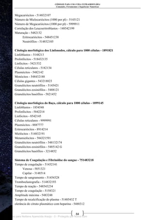 CÓDIGOS PARA UMA VIDA EXTRAORDINÁRIA
Comandos, Ferramentas e Sequências Numéricas
84
Megacariócitos - 514832107
Número de Mielocariócitos (1000 por pl) - 5143121
Número de Megacariócitos (1000 por pl) - 5999911
Correlação dos Leucoeritroblastos - 148542199
Maturação - 5482132
Eritrocariócitos - 548451238
Neutrófilos - 514832105
Citologia morfológica dos Linfonodos, cálculo para 1000 células - 1891821
Linfoblastos - 5148213
Prolinfócitos - 518432135
Linfócitos - 5421532
Células reticulares - 5182134
Plasmócitos - 5482142
Monócitos - 548432188
Células gigantes - 543218823
Granulócitos neutrófilos - 5145421
Granulócitos eosinófilos - 5488121
Granulócitos basófilos - 5821452
Citologia morfológica do Baço, cálculo para 1000 células - 1899145
Linfoblastos - 1854548
Prolinfócitos - 5842214
Linfócitos - 8542145
Células reticulares - 9999991
Plasmócitos - 8887777
Eritrocariócitos - 8914214
Mielócitos - 514832191
Metamielócitos - 584321591
Granulócitos neutrófilos - 548132174
Granulócitos eosinófilos - 5485142 G
Granulócitos basófilos - 3214852
Sistema de Coagulação e Fibrinólise do sangue - 751483218
Tempo de coagulação - 51432141
Venosa - 5851321
Capilar - 3148514
Tempo de sangramento - 51454328
Tromboelastografia - 514832193
Tempo de reação - 548543234
Tempo de coagulação - 5158321
Amplitude máxima - 5483248
Tempo de recalcificação do plasma - 51485432 T
olerância do citrato plasmático com heparina - 5488312
Licenciado para Neiliana Aparecida Araújo - 0 - Protegido por Nutror.com
 