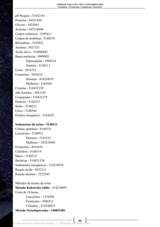 CÓDIGOS PARA UMA VIDA EXTRAORDINÁRIA
Comandos, Ferramentas e Sequências Numéricas
86
pH Reação - 51432181
Proteína - 54321858
Glicose - 5432841
Acetona - 543218848
Corpos cetônicos - 5185411
Corpos de urobilina - 5148218
Bilirrubina - 5145821
Amônia - 5421321
Ácido úrico - 518888842
Bases purínicas - 9999991
Hipoxantina - 1998214
Xantina - 5148211
Ureia - 5814321
Creatinina - 5854321
Homens - 814254351
Mulheres - 5182843
Creatina - 518432139
alfa-Amilase - 5821341
Uropepsina - 518432179
Potássio - 5142311
Sódio - 5148211
Cloro - 5148544
Fósforo inorgânico - 5184322
Sedimentos da urina - 5148211
Células epiteliais - 8148211
Leucócitos - 5188911
Homens - 5191522
Mulheres - 543218845
Eritrócitos - 8910101
Cilindros - 5148514
Muco - 5148512
Bactérias - 514831254
Sedimentos inorgânicos - 514218878
Reação ácida - 8432111
Reação alcalina - 2222543
Métodos de exame de urina
Método Kakowski-Addis - 514218897
Urina de 24 horas:
Leucócitos - 1234588
Eritrócitos - 5488511
Cilindros - 514548823
Método Netschiporenko - 148851481
Licenciado para Neiliana Aparecida Araújo - 0 - Protegido por Nutror.com
 