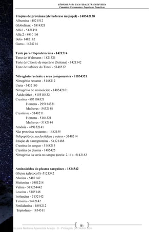 CÓDIGOS PARA UMA VIDA EXTRAORDINÁRIA
Comandos, Ferramentas e Sequências Numéricas
91
Frações de proteínas (eletroforese no papel) - 148542138
Albumina - 4821512
Globulinas: - 5814321
Alfa l - 5121451
Alfa 2 - 8910104
Beta- 1482182
Gama - 1424214
Teste para Disproteinemia - 1421514
Teste de Weltmann - 1821521
Teste de Cloreto de mercúrio (Sulema) - 1421542
Teste de turbidez do Timol - 5148512
Nitrogênio restante e seus componentes - 91854321
Nitrogênio restante - 5148212
Ureia - 5432180
Nitrogênio de aminoácido - 148542161
Ácido úrico - 815518432
Creatina - 885184321
Homens - 295184321
Mulheres - 5432148
Creatinina - 5148211
Homens - 5184321
Mulheres - 5182144
Amônia - 489152141
Não proteínas restantes - 1482155
Polipeptídeos, nucleotídeos e outros - 5148514
Reação de xantoproteína - 54321488
Creatina do sangue - 5148215
Creatina do plasma - 1485425
Nitrogênio da ureia no sangue (ureia: 2,14) - 5142182
Aminoácidos do plasma sanguíneo - 1824542
Glicina (glycocoll) -5121542
Alanina - 5482142
Metionina - 5481214
Valina - 518254442
Leucina - 5185148
Isoleucina - 5152142
Tirosina - 5482142
Fenilalanina - 1854212
Triptofano - 1854511
Licenciado para Neiliana Aparecida Araújo - 0 - Protegido por Nutror.com
 