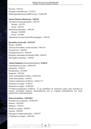 CÓDIGOS PARA UMA VIDA EXTRAORDINÁRIA
Comandos, Ferramentas e Sequências Numéricas
96
Na urina - 5182132
Estrógeno total (RIA) pl/s - 5214321
Dehidroepiandrosterona (DHEA) mg/s - 514821465
Sistema Renina-Aldosterona - 1482152
Atividade da renina plasmática - 1482154
Deitado - 1821321
Em pé - 5432151
Aldosterona plasmática - 1482159
Deitado - 9149999
Em pé - 9114801
Aldosterona na urina (ácido-lábil conjugado) - 1482185
Hormônios da tireoide - 81432157
Plasma - 4814825
Tiroxina total (adulto e recém-nascido) - 5481214
Tiroxina livre - 1484545
Triiodotiroxina (T3) - 5481545
Hormônio estimulador da tireoide (TSH) - 4854515
lodo ligado às proteínas - 1845421
Aminas biogênicas (neurotransmissores) - 4148214
Catecolaminas na urina - 148542192
Adrenalina - 1854215
Noradrenalina - 8214854
Dopamina - 5821545
Ácido vanilmandélico (VMA) - 514821478
Ácido homovanilina - 5148215
5-hidroxi-indolacético (5-HIAA) - 1854212 **
Serotonina no sangue - 5148123
Histamina no sangue - 514854291
**5-hidroxi-indolacético (5-HIAA) - É um metabólico de serotonina usado como marcador de
tumores carcinóides (tumores neuroendócrinos que se originam principalmente nos tratos
respiratórios e gastrointestinais).
Outros hormônios - 518214831
Hormônio do crescimento - 514821479
Homens - 54321487
Mulheres - 5185214
Insulina no sangue - 5845421
Gastrina - 9990185
Glucagon no sangue pancreático - 5482157
C-Peptídeos no sangue - 45481422
Licenciado para Neiliana Aparecida Araújo - 0 - Protegido por Nutror.com
 