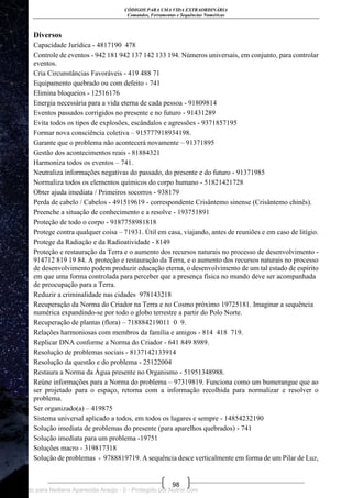 CÓDIGOS PARA UMA VIDA EXTRAORDINÁRIA
Comandos, Ferramentas e Sequências Numéricas
98
Diversos
Capacidade Jurídica - 4817190 478
Controle de eventos - 942 181 942 137 142 133 194. Números universais, em conjunto, para controlar
eventos.
Cria Circunstâncias Favoráveis - 419 488 71
Equipamento quebrado ou com defeito - 741
Elimina bloqueios - 12516176
Energia necessária para a vida eterna de cada pessoa - 91809814
Eventos passados corrigidos no presente e no futuro - 91431289
Evita todos os tipos de explosões, escândalos e agressões - 9371857195
Formar nova consciência coletiva – 915777918934198.
Garante que o problema não acontecerá novamente – 91371895
Gestão dos acontecimentos reais - 81884321
Harmoniza todos os eventos – 741.
Neutraliza informações negativas do passado, do presente e do futuro - 91371985
Normaliza todos os elementos químicos do corpo humano - 51821421728
Obter ajuda imediata / Primeiros socorros - 938179
Perda de cabelo / Cabelos - 491519619 - correspondente Crisântemo sinense (Crisântemo chinês).
Preenche a situação de conhecimento e a resolve - 193751891
Proteção de todo o corpo - 9187758981818
Protege contra qualquer coisa – 71931. Útil em casa, viajando, antes de reuniões e em caso de litígio.
Protege da Radiação e da Radioatividade - 8149
Proteção e restauração da Terra e o aumento dos recursos naturais no processo de desenvolvimento -
914712 819 19 84. A proteção e restauração da Terra, e o aumento dos recursos naturais no processo
de desenvolvimento podem produzir educação eterna, o desenvolvimento de um tal estado de espírito
em que uma forma controlada para perceber que a presença física no mundo deve ser acompanhada
de preocupação para a Terra.
Reduzir a criminalidade nas cidades 978143218
Recuperação da Norma do Criador na Terra e no Cosmo próximo 19725181. Imaginar a sequência
numérica expandindo-se por todo o globo terrestre a partir do Polo Norte.
Recuperação de plantas (flora) – 718884219011 0 9.
Relações harmoniosas com membros da família e amigos - 814 418 719.
Replicar DNA conforme a Norma do Criador - 641 849 8989.
Resolução de problemas sociais - 8137142133914
Resolução da questão e do problema - 25122004
Restaura a Norma da Água presente no Organismo - 51951348988.
Reúne informações para a Norma do problema – 97319819. Funciona como um bumerangue que ao
ser projetado para o espaço, retorna com a informação recolhida para normalizar e resolver o
problema.
Ser organizado(a) – 419875
Sistema universal aplicado a todos, em todos os lugares e sempre - 14854232190
Solução imediata de problemas do presente (para aparelhos quebrados) - 741
Solução imediata para um problema -19751
Soluções macro - 319817318
Solução de problemas - 9788819719. A sequência desce verticalmente em forma de um Pilar de Luz,
Licenciado para Neiliana Aparecida Araújo - 0 - Protegido por Nutror.com
 