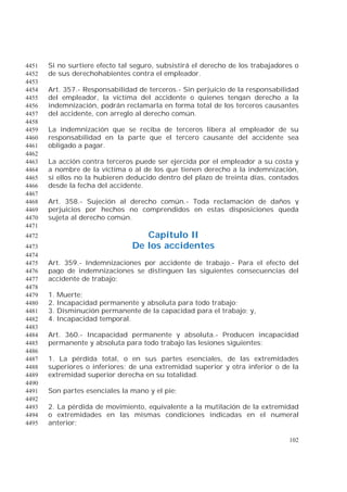 102
Si no surtiere efecto tal seguro, subsistirá el derecho de los trabajadores o4451
de sus derechohabientes contra el empleador.4452
4453
Art. 357.- Responsabilidad de terceros.- Sin perjuicio de la responsabilidad4454
del empleador, la víctima del accidente o quienes tengan derecho a la4455
indemnización, podrán reclamarla en forma total de los terceros causantes4456
del accidente, con arreglo al derecho común.4457
4458
La indemnización que se reciba de terceros libera al empleador de su4459
responsabilidad en la parte que el tercero causante del accidente sea4460
obligado a pagar.4461
4462
La acción contra terceros puede ser ejercida por el empleador a su costa y4463
a nombre de la víctima o al de los que tienen derecho a la indemnización,4464
si ellos no la hubieren deducido dentro del plazo de treinta días, contados4465
desde la fecha del accidente.4466
4467
Art. 358.- Sujeción al derecho común.- Toda reclamación de daños y4468
perjuicios por hechos no comprendidos en estas disposiciones queda4469
sujeta al derecho común.4470
4471
Capítulo II4472
De los accidentes4473
4474
Art. 359.- Indemnizaciones por accidente de trabajo.- Para el efecto del4475
pago de indemnizaciones se distinguen las siguientes consecuencias del4476
accidente de trabajo:4477
4478
1. Muerte;4479
2. Incapacidad permanente y absoluta para todo trabajo;4480
3. Disminución permanente de la capacidad para el trabajo; y,4481
4. Incapacidad temporal.4482
4483
Art. 360.- Incapacidad permanente y absoluta.- Producen incapacidad4484
permanente y absoluta para todo trabajo las lesiones siguientes:4485
4486
1. La pérdida total, o en sus partes esenciales, de las extremidades4487
superiores o inferiores; de una extremidad superior y otra inferior o de la4488
extremidad superior derecha en su totalidad.4489
4490
Son partes esenciales la mano y el pie;4491
4492
2. La pérdida de movimiento, equivalente a la mutilación de la extremidad4493
o extremidades en las mismas condiciones indicadas en el numeral4494
anterior;4495
 