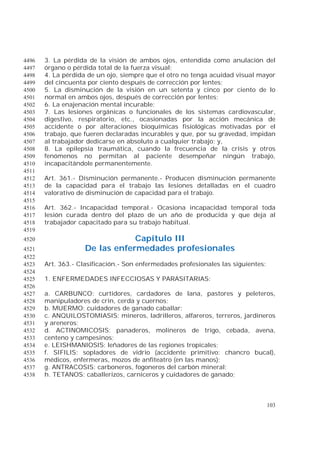 103
3. La pérdida de la visión de ambos ojos, entendida como anulación del4496
órgano o pérdida total de la fuerza visual;4497
4. La pérdida de un ojo, siempre que el otro no tenga acuidad visual mayor4498
del cincuenta por ciento después de corrección por lentes;4499
5. La disminución de la visión en un setenta y cinco por ciento de lo4500
normal en ambos ojos, después de corrección por lentes;4501
6. La enajenación mental incurable;4502
7. Las lesiones orgánicas o funcionales de los sistemas cardiovascular,4503
digestivo, respiratorio, etc., ocasionadas por la acción mecánica de4504
accidente o por alteraciones bioquímicas fisiológicas motivadas por el4505
trabajo, que fueren declaradas incurables y que, por su gravedad, impidan4506
al trabajador dedicarse en absoluto a cualquier trabajo; y,4507
8. La epilepsia traumática, cuando la frecuencia de la crisis y otros4508
fenómenos no permitan al paciente desempeñar ningún trabajo,4509
incapacitándole permanentemente.4510
4511
Art. 361.- Disminución permanente.- Producen disminución permanente4512
de la capacidad para el trabajo las lesiones detalladas en el cuadro4513
valorativo de disminución de capacidad para el trabajo.4514
4515
Art. 362.- Incapacidad temporal.- Ocasiona incapacidad temporal toda4516
lesión curada dentro del plazo de un año de producida y que deja al4517
trabajador capacitado para su trabajo habitual.4518
4519
Capítulo III4520
De las enfermedades profesionales4521
4522
Art. 363.- Clasificación.- Son enfermedades profesionales las siguientes:4523
4524
1. ENFERMEDADES INFECCIOSAS Y PARASITARIAS:4525
4526
a. CARBUNCO: curtidores, cardadores de lana, pastores y peleteros,4527
manipuladores de crin, cerda y cuernos;4528
b. MUERMO: cuidadores de ganado caballar;4529
c. ANQUILOSTOMIASIS: mineros, ladrilleros, alfareros, terreros, jardineros4530
y areneros;4531
d. ACTINOMICOSIS: panaderos, molineros de trigo, cebada, avena,4532
centeno y campesinos;4533
e. LEISHMANIOSIS: leñadores de las regiones tropicales;4534
f. SIFILIS: sopladores de vidrio (accidente primitivo: chancro bucal),4535
médicos, enfermeras, mozos de anfiteatro (en las manos);4536
g. ANTRACOSIS: carboneros, fogoneros del carbón mineral;4537
h. TETANOS: caballerizos, carniceros y cuidadores de ganado;4538
 