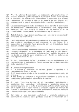 135
Art. 440.- Libertad de asociación.- Los trabajadores y los empleadores, sin5927
ninguna distinción y sin necesidad de autorización previa, tienen derecho5928
a constituir las asociaciones profesionales o sindicatos que estimen5929
conveniente, de afiliarse a ellos o de retirarse de los mismos, con5930
observancia de la ley y de los estatutos de las respectivas asociaciones.5931
5932
Las asociaciones profesionales o sindicatos tienen derecho de constituirse5933
en federaciones, confederaciones o cualesquiera otras agrupaciones5934
sindicales, así como afiliarse o retirarse de las mismas o de las5935
organizaciones internacionales de trabajadores o de empleadores.5936
5937
Todo trabajador mayor de catorce años puede pertenecer a una asociación5938
profesional o a un sindicato.5939
5940
Las organizaciones de trabajadores no podrán ser suspendidas o disueltas,5941
sino mediante procedimiento oral establecido en este Código. Si la5942
suspensión o disolución fuere propuesta por los trabajadores éstos5943
deberán acreditar su personería.5944
5945
Cuando un empleador o empresa tuviere varias agencias o sucursales en5946
diferentes provincias, los trabajadores en cada una de ellas pueden5947
constituir sindicato o asociación profesional. Los requisitos de número y5948
los demás que exija la ley se establecerán en relación con cada una de5949
tales agencias o sucursales.5950
5951
Art. 441.- Protección del Estado.- Las asociaciones de trabajadores de toda5952
clase están bajo la protección del Estado, siempre que persigan cualquiera5953
de los siguientes fines:5954
5955
1. La capacitación profesional;5956
2. La cultura y educación de carácter general o aplicada a la5957
correspondiente rama del trabajo;5958
3. El apoyo mutuo mediante la formación de cooperativas o cajas de5959
ahorro; y,5960
4. Los demás que entrañen el mejoramiento económico o social de los5961
trabajadores y la defensa de los intereses de su clase.5962
5963
Art. 442.- Personería jurídica de las asociaciones profesionales o5964
sindicatos.- Las asociaciones profesionales o sindicatos gozan de5965
personería jurídica por el hecho de constituirse conforme a la ley y constar5966
en el registro que al efecto llevará la Dirección Regional del Trabajo. Se5967
probará la existencia de la asociación profesional o sindicato mediante5968
certificado que extienda dicha dependencia.5969
5970
Con todo, si una asociación profesional o sindicato debidamente5971
constituido ha realizado actos jurídicos antes de su inscripción en el5972
 
