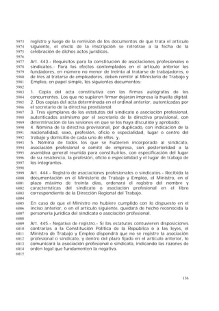 136
registro y luego de la remisión de los documentos de que trata el artículo5973
siguiente, el efecto de la inscripción se retrotrae a la fecha de la5974
celebración de dichos actos jurídicos.5975
5976
Art. 443.- Requisitos para la constitución de asociaciones profesionales o5977
sindicatos.- Para los efectos contemplados en el artículo anterior los5978
fundadores, en número no menor de treinta al tratarse de trabajadores, o5979
de tres al tratarse de empleadores, deben remitir al Ministerio de Trabajo y5980
Empleo, en papel simple, los siguientes documentos:5981
5982
1. Copia del acta constitutiva con las firmas autógrafas de los5983
concurrentes. Los que no supieren firmar dejarán impresa la huella digital;5984
2. Dos copias del acta determinada en el ordinal anterior, autenticadas por5985
el secretario de la directiva provisional;5986
3. Tres ejemplares de los estatutos del sindicato o asociación profesional,5987
autenticados asimismo por el secretario de la directiva provisional, con5988
determinación de las sesiones en que se los haya discutido y aprobado;5989
4. Nómina de la directiva provisional, por duplicado, con indicación de la5990
nacionalidad, sexo, profesión, oficio o especialidad, lugar o centro del5991
trabajo y domicilio de cada uno de ellos; y,5992
5. Nómina de todos los que se hubieren incorporado al sindicato,5993
asociación profesional o comité de empresa, con posterioridad a la5994
asamblea general reunida para constituirlos, con especificación del lugar5995
de su residencia, la profesión, oficio o especialidad y el lugar de trabajo de5996
los integrantes.5997
5998
Art. 444.- Registro de asociaciones profesionales o sindicatos.- Recibida la5999
documentación en el Ministerio de Trabajo y Empleo, el Ministro, en el6000
plazo máximo de treinta días, ordenará el registro del nombre y6001
características del sindicato o asociación profesional en el libro6002
correspondiente de la Dirección Regional del Trabajo.6003
6004
En caso de que el Ministro no hubiere cumplido con lo dispuesto en el6005
inciso anterior, o en el artículo siguiente, quedará de hecho reconocida la6006
personería jurídica del sindicato o asociación profesional.6007
6008
Art. 445.- Negativa de registro.- Si los estatutos contuvieren disposiciones6009
contrarias a la Constitución Política de la República o a las leyes, el6010
Ministro de Trabajo y Empleo dispondrá que no se registre la asociación6011
profesional o sindicato, y dentro del plazo fijado en el artículo anterior, lo6012
comunicará la asociación profesional o sindicato, indicando las razones de6013
orden legal que fundamenten la negativa.6014
6015
 
