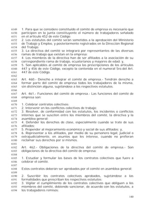 140
1. Para que se considere constituido el comité de empresa es necesario que6149
participen en la junta constituyente el número de trabajadores señalado6150
en el artículo 452 de este Código;6151
2. Los estatutos del comité serán sometidos a la aprobación del Ministerio6152
de Trabajo y Empleo, y posteriormente registrados en la Dirección Regional6153
del Trabajo;6154
3. La directiva del comité se integrará por representantes de las diversas6155
ramas de trabajo que existan en la empresa;6156
4. Los miembros de la directiva han de ser afiliados a la asociación de su6157
correspondiente rama de trabajo, ecuatorianos y mayores de edad; y,6158
5. Son aplicables al comité de empresa las prescripciones de los artículos6159
447 y 456 de este Código, excepto la contenida en el numeral 5ro.del Art.6160
447 de este Código.6161
6162
Art. 460.- Derecho a integrar el comité de empresa.- Tendrán derecho a6163
formar parte del comité de empresa todos los trabajadores de la misma,6164
sin distinción alguna, sujetándose a los respectivos estatutos.6165
6166
Art. 461.- Funciones del comité de empresa.- Las funciones del comité de6167
empresa son:6168
6169
1. Celebrar contratos colectivos;6170
2. Intervenir en los conflictos colectivos de trabajo;6171
3. Resolver, de conformidad con los estatutos, los incidentes o conflictos6172
internos que se susciten entre los miembros del comité, la directiva y la6173
asamblea general;6174
4. Defender los derechos de clase, especialmente cuando se trate de sus6175
afiliados;6176
5. Propender al mejoramiento económico y social de sus afiliados; y,6177
6. Representar a los afiliados, por medio de su personero legal, judicial o6178
extrajudicialmente, en asuntos que les interese, cuando no prefieran6179
reclamar sus derechos por sí mismos.6180
6181
Art. 462.- Obligaciones de la directiva del comité de empresa.- Son6182
obligaciones de la directiva del comité de empresa:6183
6184
1. Estudiar y formular las bases de los contratos colectivos que fuere a6185
celebrar el comité.6186
6187
Estos contratos deberán ser aprobados por el comité en asamblea general;6188
6189
2. Suscribir los contratos colectivos aprobados, sujetándose a las6190
formalidades que prescriban los respectivos estatutos;6191
3. Vigilar el cumplimiento de los contratos colectivos que obliguen a los6192
miembros del comité, debiendo sancionar, de acuerdo con los estatutos, a6193
los trabajadores remisos;6194
 