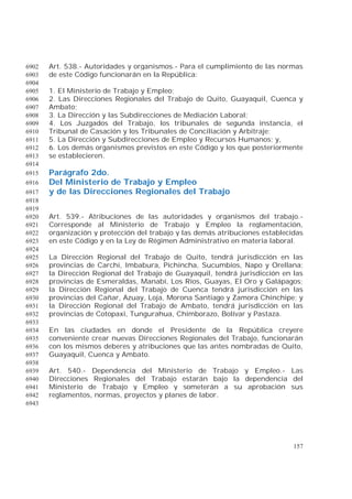 157
Art. 538.- Autoridades y organismos.- Para el cumplimiento de las normas6902
de este Código funcionarán en la República:6903
6904
1. El Ministerio de Trabajo y Empleo;6905
2. Las Direcciones Regionales del Trabajo de Quito, Guayaquil, Cuenca y6906
Ambato;6907
3. La Dirección y las Subdirecciones de Mediación Laboral;6908
4. Los Juzgados del Trabajo, los tribunales de segunda instancia, el6909
Tribunal de Casación y los Tribunales de Conciliación y Arbitraje;6910
5. La Dirección y Subdirecciones de Empleo y Recursos Humanos; y,6911
6. Los demás organismos previstos en este Código y los que posteriormente6912
se establecieren.6913
6914
Parágrafo 2do.6915
Del Ministerio de Trabajo y Empleo6916
y de las Direcciones Regionales del Trabajo6917
6918
6919
Art. 539.- Atribuciones de las autoridades y organismos del trabajo.-6920
Corresponde al Ministerio de Trabajo y Empleo la reglamentación,6921
organización y protección del trabajo y las demás atribuciones establecidas6922
en este Código y en la Ley de Régimen Administrativo en materia laboral.6923
6924
La Dirección Regional del Trabajo de Quito, tendrá jurisdicción en las6925
provincias de Carchi, Imbabura, Pichincha, Sucumbíos, Napo y Orellana;6926
la Dirección Regional del Trabajo de Guayaquil, tendrá jurisdicción en las6927
provincias de Esmeraldas, Manabí, Los Ríos, Guayas, El Oro y Galápagos;6928
la Dirección Regional del Trabajo de Cuenca tendrá jurisdicción en las6929
provincias del Cañar, Azuay, Loja, Morona Santiago y Zamora Chinchipe; y6930
la Dirección Regional del Trabajo de Ambato, tendrá jurisdicción en las6931
provincias de Cotopaxi, Tungurahua, Chimborazo, Bolívar y Pastaza.6932
6933
En las ciudades en donde el Presidente de la República creyere6934
conveniente crear nuevas Direcciones Regionales del Trabajo, funcionarán6935
con los mismos deberes y atribuciones que las antes nombradas de Quito,6936
Guayaquil, Cuenca y Ambato.6937
6938
Art. 540.- Dependencia del Ministerio de Trabajo y Empleo.- Las6939
Direcciones Regionales del Trabajo estarán bajo la dependencia del6940
Ministerio de Trabajo y Empleo y someterán a su aprobación sus6941
reglamentos, normas, proyectos y planes de labor.6942
6943
 