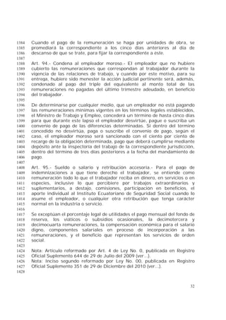 32
Cuando el pago de la remuneración se haga por unidades de obra, se1384
promediará la correspondiente a los cinco días anteriores al día de1385
descanso de que se trate, para fijar la correspondiente a éste.1386
1387
Art. 94.- Condena al empleador moroso.- El empleador que no hubiere1388
cubierto las remuneraciones que correspondan al trabajador durante la1389
vigencia de las relaciones de trabajo, y cuando por este motivo, para su1390
entrega, hubiere sido menester la acción judicial pertinente será, además,1391
condenado al pago del triple del equivalente al monto total de las1392
remuneraciones no pagadas del último trimestre adeudado, en beneficio1393
del trabajador.1394
1395
De determinarse por cualquier medio, que un empleador no está pagando1396
las remuneraciones mínimas vigentes en los términos legales establecidos,1397
el Ministro de Trabajo y Empleo, concederá un término de hasta cinco días1398
para que durante este lapso el empleador desvirtúe, pague o suscriba un1399
convenio de pago de las diferencias determinadas. Si dentro del término1400
concedido no desvirtúa, paga o suscribe el convenio de pago, según el1401
caso, el empleador moroso será sancionado con el ciento por ciento de1402
recargo de la obligación determinada, pago que deberá cumplirse mediante1403
depósito ante la inspectoría del trabajo de la correspondiente jurisdicción,1404
dentro del término de tres días posteriores a la fecha del mandamiento de1405
pago.1406
1407
Art. 95.- Sueldo o salario y retribución accesoria.- Para el pago de1408
indemnizaciones a que tiene derecho el trabajador, se entiende como1409
remuneración todo lo que el trabajador reciba en dinero, en servicios o en1410
especies, inclusive lo que percibiere por trabajos extraordinarios y1411
suplementarios, a destajo, comisiones, participación en beneficios, el1412
aporte individual al Instituto Ecuatoriano de Seguridad Social cuando lo1413
asume el empleador, o cualquier otra retribución que tenga carácter1414
normal en la industria o servicio.1415
1416
Se exceptúan el porcentaje legal de utilidades el pago mensual del fondo de1417
reserva, los viáticos o subsidios ocasionales, la decimotercera y1418
decimocuarta remuneraciones, la compensación económica para el salario1419
digno, componentes salariales en proceso de incorporación a las1420
remuneraciones, y el beneficio que representan los servicios de orden1421
social.1422
1423
Nota: Artículo reformado por Art. 4 de Ley No. 0, publicada en Registro1424
Oficial Suplemento 644 de 29 de Julio del 2009 (ver...).1425
Nota: Inciso segundo reformado por Ley No. 00, publicada en Registro1426
Oficial Suplemento 351 de 29 de Diciembre del 2010 (ver...).1427
1428
 