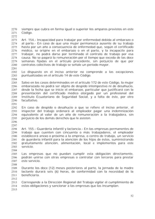 52
siempre que cubra en forma igual o superior los amparos previstos en este2270
Código.2271
2272
Art. 154.- Incapacidad para trabajar por enfermedad debida al embarazo o2273
al parto.- En caso de que una mujer permanezca ausente de su trabajo2274
hasta por un año a consecuencia de enfermedad que, según el certificado2275
médico, se origine en el embarazo o en el parto, y la incapacite para2276
trabajar, no podrá darse por terminado el contrato de trabajo por esa2277
causa. No se pagará la remuneración por el tiempo que exceda de las doce2278
semanas fijadas en el artículo precedente, sin perjuicio de que por2279
contratos colectivos de trabajo se señale un período mayor.2280
2281
Lo dispuesto en el inciso anterior no comprende a las excepciones2282
puntualizadas en el artículo 14 de este Código.2283
2284
Salvo en los casos determinados en el artículo 172 de este Código, la mujer2285
embarazada no podrá ser objeto de despido intempestivo ni de desahucio,2286
desde la fecha que se inicie el embarazo, particular que justificará con la2287
presentación del certificado médico otorgado por un profesional del2288
Instituto Ecuatoriano de Seguridad Social, y a falta de éste, por otro2289
facultativo.2290
2291
En caso de despido o desahucio a que se refiere el inciso anterior, el2292
inspector del trabajo ordenará al empleador pagar una indemnización2293
equivalente al valor de un año de remuneración a la trabajadora, sin2294
perjuicio de los demás derechos que le asisten.2295
2296
2297
Art. 155.- Guardería infantil y lactancia.- En las empresas permanentes de2298
trabajo que cuenten con cincuenta o más trabajadores, el empleador2299
establecerá anexo o próximo a la empresa, o centro de trabajo, un servicio2300
de guardería infantil para la atención de los hijos de éstos, suministrando2301
gratuitamente atención, alimentación, local e implementos para este2302
servicio.2303
2304
Las empresas que no puedan cumplir esta obligación directamente,2305
podrán unirse con otras empresas o contratar con terceros para prestar2306
este servicio.2307
2308
Durante los doce (12) meses posteriores al parto, la jornada de la madre2309
lactante durará seis (6) horas, de conformidad con la necesidad de la2310
beneficiaria.2311
2312
Corresponde a la Dirección Regional del Trabajo vigilar el cumplimiento de2313
estas obligaciones y sancionar a las empresas que las incumplan.2314
2315
 