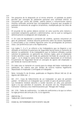 72
3147
Sin perjuicio de lo dispuesto en el inciso anterior, el jubilado no podrá3148
percibir por concepto de jubilación patronal una cantidad inferior al3149
cincuenta por ciento del sueldo, salario básico o remuneración básica3150
mínima unificada sectorial que correspondiere al puesto que ocupaba el3151
jubilado al momento de acogerse al beneficio, multiplicado por los años de3152
servicio.3153
3154
El acuerdo de las partes deberá constar en acta suscrita ante notario o3155
autoridad competente judicial o administrativa, con lo cual se extinguirá3156
definitivamente la obligación del empleador; y,3157
3158
4. En caso de liquidación o prelación de créditos, quienes estuvieren en3159
goce de jubilación, tendrán derecho preferente sobre los bienes liquidados3160
o concursados y sus créditos figurarán entre los privilegiados de primera3161
clase, con preferencia aun a los hipotecarios.3162
3163
Las reglas 1, 2 y 3, se refieren a los trabajadores que no llegaren a ser3164
afiliados al Instituto Ecuatoriano de Seguridad Social hasta el momento de3165
obtener su jubilación. A los trabajadores que se hallaren afiliados cuando3166
soliciten la jubilación, se aplicarán las mismas reglas, pero el empleador3167
tendrá derecho a que del fondo de jubilación formado de acuerdo con la3168
regla 1, se le rebaje la suma total que hubiere depositado en el Instituto3169
Ecuatoriano de Seguridad Social en concepto de aporte del empleador o3170
por fondo de reserva del mismo.3171
3172
En todo caso se tomarán en cuenta para la rebaja del haber individual de3173
jubilación, los valores que por fondos de reserva hubiese legalmente3174
depositado el empleador o entregado al trabajador.3175
3176
Nota: Incluida Fe de Erratas, publicada en Registro Oficial 340 de 23 de3177
Agosto del 2006 (ver...).3178
3179
Art. 217.- Caso de fallecimiento de un trabajador en goce de pensión3180
jubilar.- Si falleciere un trabajador que se halle en goce de pensión jubilar,3181
sus herederos tendrán derecho a recibir durante un año, una pensión3182
igual a la que percibía el causante, de acuerdo con las "Disposiciones3183
Comunes" relativas a las indemnizaciones por "Riesgos del Trabajo.3184
3185
Art. 218.- Tabla de coeficientes.- La tabla de coeficientes a la que se refiere3186
la regla primera del artículo 216, es la siguiente:3187
3188
ANEXO No. 13189
TABLA DE COEFICIENTES3190
3191
EDAD AL DETERMINAR COEFICIENTE VALOR3192
 