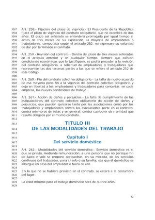 82
Art. 258.- Fijación del plazo de vigencia.- El Presidente de la República3587
fijará el plazo de vigencia del contrato obligatorio, que no excederá de dos3588
años. El plazo así señalado se entenderá prorrogado por igual tiempo si3589
antes de tres meses de su expiración, la mayoría de empleadores o3590
trabajadores, computada según el artículo 252, no expresare su voluntad3591
de dar por terminado el contrato.3592
3593
Art. 259.- Revisión del contrato.- Dentro del plazo de tres meses señalados3594
en el artículo anterior y en cualquier tiempo, siempre que existan3595
condiciones económicas que lo justifiquen, se podrá proceder a la revisión3596
del contrato obligatorio, a solicitud de empleadores y trabajadores que3597
representen las dos terceras partes a las que se refiere el artículo 252 de3598
este Código.3599
3600
Art. 260.- Fin del contrato colectivo obligatorio.- La falta de nuevo acuerdo3601
de esa mayoría pone fin a la vigencia del contrato colectivo obligatorio y3602
deja en libertad a los empleadores y trabajadores para concertar, en cada3603
empresa, las nuevas condiciones de trabajo.3604
3605
Art. 261.- Acción de daños y perjuicios.- La falta de cumplimiento de las3606
estipulaciones del contrato colectivo obligatorio da acción de daños y3607
perjuicios, que pueden ejercerse tanto por las asociaciones como por los3608
trabajadores y empleadores contra las asociaciones parte en el contrato,3609
contra miembros de éstas y en general, contra cualquier otra entidad que3610
resulte obligada por el mismo contrato.3611
3612
TITULO III3613
DE LAS MODALIDADES DEL TRABAJO3614
3615
Capítulo I3616
Del servicio doméstico3617
3618
Art. 262.- Modalidades del servicio doméstico.- Servicio doméstico es el3619
que se presta, mediante remuneración, a una persona que no persigue fin3620
de lucro y sólo se propone aprovechar, en su morada, de los servicios3621
continuos del trabajador, para sí solo o su familia, sea que el doméstico se3622
albergue en casa del empleador o fuera de ella.3623
3624
En lo que no se hubiere previsto en el contrato, se estará a la costumbre3625
del lugar.3626
3627
La edad mínima para el trabajo doméstico será de quince años.3628
3629
 