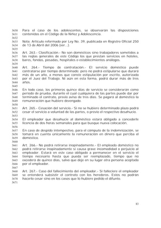 83
Para el caso de los adolescentes, se observarán las disposiciones3630
contenidas en el Código de la Niñez y Adolescencia.3631
3632
Nota: Artículo reformado por Ley No. 39, publicada en Registro Oficial 2503633
de 13 de Abril del 2006 (ver...).3634
3635
Art. 263.- Clasificación.- No son domésticos sino trabajadores sometidos a3636
las reglas generales de este Código los que prestan servicios en hoteles,3637
bares, fondas, posadas, hospitales o establecimientos análogos.3638
3639
Art. 264.- Tiempo de contratación.- El servicio doméstico puede3640
contratarse por tiempo determinado; pero no podrá estipularse que durará3641
más de un año, a menos que conste estipulación por escrito, autorizada3642
por el Juez del Trabajo. Ni aún en esta forma, podrá durar más de tres3643
años.3644
3645
En todo caso, los primeros quince días de servicio se considerarán como3646
período de prueba, durante el cual cualquiera de las partes puede dar por3647
terminado el contrato, previo aviso de tres días. Se pagará al doméstico la3648
remuneración que hubiere devengado.3649
3650
Art. 265.- Cesación del servicio.- Si no se hubiere determinado plazo podrá3651
cesar el servicio a voluntad de las partes, o previo el respectivo desahucio.3652
3653
El empleador que desahucie al doméstico estará obligado a concederle3654
licencia de dos horas semanales para que busque nueva colocación.3655
3656
En caso de despido intempestivo, para el cómputo de la indemnización, se3657
tomará en cuenta únicamente la remuneración en dinero que perciba el3658
doméstico.3659
3660
Art. 266.- No podrá retirarse inopinadamente.- El empleado doméstico no3661
podrá retirarse inopinadamente si causa grave incomodidad o perjuicio al3662
empleador. Estará en este caso obligado a permanecer en el servicio el3663
tiempo necesario hasta que pueda ser reemplazado, tiempo que no3664
excederá de quince días, salvo que deje en su lugar otra persona aceptada3665
por el empleador.3666
3667
Art. 267.- Caso del fallecimiento del empleador.- Si falleciere el empleador3668
se entenderá subsistir el contrato con los herederos. Estos no podrán3669
hacerlo cesar sino en los casos que lo hubiere pedido el difunto.3670
3671
 