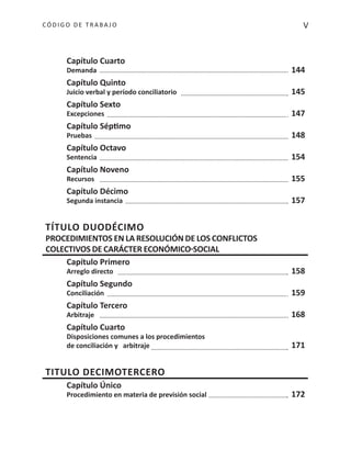 VCÓDIGO DE TRABA JO
Capítulo Cuarto
Demanda 144
Capítulo Quinto
Juicio verbal y período conciliatorio 145
Capítulo Sexto
Excepciones 147
Capítulo Séptimo
Pruebas 148
Capítulo Octavo
Sentencia 154
Capítulo Noveno
Recursos 155
Capítulo Décimo
Segunda instancia 157
TÍTULO DUODÉCIMO
PROCEDIMIENTOS EN LA RESOLUCIÓN DE LOS CONFLICTOS
COLECTIVOS DE CARÁCTER ECONÓMICO SOCIAL
Capítulo Primero
Arreglo directo 158
Capítulo Segundo
Conciliación 159
Capítulo Tercero
Arbitraje 168
Capítulo Cuarto
Disposiciones comunes a los procedimientos
de conciliación y arbitraje 171
TITULO DECIMOTERCERO
Capítulo Único
Procedimiento en materia de previsión social 172
 