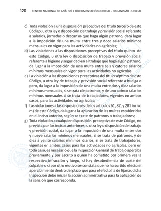 CENTRO NACIONAL DE ANÁLISIS Y DOCUMENTACIÓN JUDICIAL - ORGANISMO JUDICIAL120
c)	 Toda violación a una disposición preceptiva del título tercero de este
Código, u otra ley o disposición de trabajo y previsión social referente
a salarios, jornadas o descanso que haga algún patrono, dará lugar
a la imposición de una multa entre tres y doce salarios mínimos
mensuales en vigor para las actividades no agrícolas;
d)	Las violaciones a las disposiciones preceptivas del título quinto de
este Código, u otra ley o disposición de trabajo y previsión social
referente a higiene y seguridad en el trabajo que haga algún patrono,
da lugar a la imposición de una multa entre seis y catorce salarios
mínimos mensuales en vigor para las actividades no agrícolas.
e)	 La violación a las disposiciones preceptivas del título séptimo de este
Código, u otra ley de trabajo y previsión social referente a huelga o
paro, da lugar a la imposición de una multa entre dos y diez salarios
mínimos mensuales, si se trata de patronos; y de uno a cinco salarios
mínimos mensuales si se trata de trabajadores, vigentes en ambos
casos, para las actividades no agrícolas;
f)	 Las violaciones a las disposiciones de los artículos 61, 87, y 281 inciso
m) de este Código, da lugar a la aplicación de las multas establecidas
en el inciso anterior, según se trate de patronos o trabajadores;
g)	 Toda violación a cualquier disposición preceptiva de este Código, no
prevista por los incisos anteriores, u otra ley o disposición de trabajo
y previsión social, da lugar a la imposición de una multa entre dos
y nueve salarios mínimos mensuales, si se trata de patronos, y de
diez a veinte salarios mínimos diarios, si se trata de trabajadores,
vigentes en ambos casos para las actividades no agrícolas, pero en
todo caso, es necesario que la Inspección General de Trabajo aperciba
previamente y por escrito a quien ha cometido por primera vez la
respectiva infracción y luego, si hay desobediencia de parte del
culpable o si por otro motivo se constata que no ha surtido efecto el
apercibimiento dentro del plazo que para el efecto ha de fijarse, dicha
Inspección debe iniciar la acción administrativa para la aplicación de
la sanción que corresponda.
 