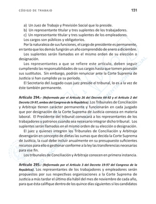 CÓDIGO DE TRABA JO 131
a) Un Juez de Trabajo y Previsión Social que lo preside.
b) Un representante titular y tres suplentes de los trabajadores.
c) Un representante titular y tres suplentes de los empleadores.
Los cargos son públicos y obligatorios.
Porlanaturalezadesusfunciones,elcargodepresidenteespermanente,
en tanto quelos demás fungirán un año comprendido deenero a diciembre.
Los suplentes serán llamados en el mismo orden de su elección o
designación.
Los representantes a que se refiere este artículo, deben seguir
cumpliendo las responsabilidades de sus cargos hasta que tomen posesión
sus sustitutos. Sin embargo, podrán renunciar ante la Corte Suprema de
Justicia si han cumplido ya su período.
El Secretario del Juzgado cuyo juez preside el tribunal, lo es a la vez de
éste también permanente.
Artículo 294.- (Reformado por el Artículo 26 del Decreto 64-92 y el Artículo 2 del
Decreto 19-97, ambos del Congreso de la República). Los Tribunales de Conciliación
y Arbitraje tienen carácter permanente y funcionarán en cada juzgado
que por designación de la Corte Suprema de Justicia conozca en materia
laboral. El Presidente del tribunal convocará a los representantes de los
trabajadores y patronos cuando sea necesario integrar dicho tribunal. Los
suplentes serán llamados en el mismo orden de su elección o designación.
El juez y quienes integren los Tribunales de Conciliación y Arbitraje
devengarán en concepto de dietas las sumas que decida la Corte Suprema
de Justicia, la cual debe incluir anualmente en su presupuesto suficientes
recursos para ello o gestionar conforme a la ley las transferencias necesarias
para ese fin.
Los tribunales de Conciliación y Arbitraje conocen en primera instancia.
Artículo 295.- (Reformado por el Artículo 3 del Decreto 19-97 del Congreso de la
República). Los representantes de los trabajadores y empleadores serán
propuestos por sus respectivas organizaciones a la Corte Suprema de
Justicia a más tardar el último día hábil del mes de noviembre de cada año,
para que ésta califique dentro de los quince días siguientes si los candidatos
 