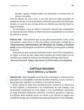 CÓDIGO DE TRABA JO 55
deudor y gastos indispensables de reparación o construcción de
bienes inmuebles.
Para los efectos de este inciso, el juez del concurso debe proceder sin
pérdidadetiempoalaventadebienessuficientesparacubrirlasrespectivas
deudas; en caso de que no haya dinero en efectivo que permita hacer su
pago inmediato.
Los privilegios a que se refiere el presente artículo sólo comprenden
un importe de esos créditos o indemnizaciones equivalentes a seis meses
de salarios o menos.
Artículo 102.- Todo patrono que ocupe permanentemente a diez o más
trabajadores, debe llevar un libro de salarios autorizado y sellado por el
*Departamento Administrativo del Ministerio de Trabajo y Previsión
Social, el que está obligado a suministrar modelos y normas para su debida
impresión.
Todo patrono que ocupe permanentemente a tres o más trabajadores,
sin llegar al límite de diez, debe llevar planillas de conformidad con los
modelos que adopte el Instituto Guatemalteco de Seguridad Social.
*(Dirección General de Trabajo, según Decreto 15-70 del Congreso de la República).
CAPÍTULO SEGUNDO
Salario Mínimo y su Fijación
Artículo 103.- Todo trabajador tiene derecho a devengar un salario mínimo
que cubra sus necesidades normales de orden material, moral y cultural y
que le permita satisfacer sus deberes como jefe de familia.
Dicho salario se debe fijar periódicamente conforme se determina
en este capítulo, y atendiendo a las modalidades de cada trabajo, a las
particulares condiciones de cada región y a las posibilidades patronales
en cada actividad intelectual, industrial, comercial, ganadera o agrícola.
Esa fijación debe también tomar en cuenta si los salarios se paguen por
unidad de tiempo, por unidad de obra o por participación en las utilidades,
 