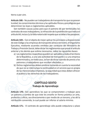 CÓDIGO DE TRABA JO 81
tierra o por aire.
Artículo 168.- No pueden ser trabajadores de transporte los que no posean
la edad, los conocimientos técnicos y las aptitudes físicas y psicológicas que
determinen las leyes o reglamentos aplicables.
Son también causas justas para que el patrono dé por terminados los
contratos de esos trabajadores, la infracción de la prohibición que indica el
artículo64,incisoc)ylafaltanotoriadelrespetoquesedebealospasajeros.
Artículo 169.- Con el objeto de mejor aplicar los principios y disposiciones
de este Código a las empresas de transporte aéreo o terrestre, el Organismo
Ejecutivo, mediante acuerdos emitidos por conducto del Ministerio de
Trabajo y Previsión Social, debe dictar los reglamentos que prevé el artículo
anterior y los demás que estime necesarios, sobre las siguientes bases:
a)	 Los reglamentos respectivos pueden ser aplicables a todo el territorio
de la República, a una sola actividad de transporte o a una empresa
determinada y, en todo caso, se han de dictar oyendo de previo a los
patronos y trabajadores que resulten afectados; y
b)	Dichos reglamentos deben emitirse tomando en cuenta la necesidad
de que no se interrumpa la continuidad en el servicio que es propia
de las mencionadas empresas, la seguridad que éstas deben ofrecer
al publico y los derechos de los trabajadores.
CAPÍTULO SEXTO
Trabajo de Aprendizaje
Artículo 170.- Son aprendices los que se comprometen a trabajar para
un patrono a cambio de que éste les enseñe en forma práctica un arte,
profesión u oficio, sea directamente o por medio de un tercero, y les dé la
retribución convenida, la cual puede ser inferior al salario mínimo.
Artículo 171.- El contrato de aprendizaje sólo puede estipularse a plazo
 