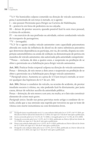 Série
Legislação
110
127
§ 1º No homicídio culposo cometido na direção de veículo automotor, a
pena é aumentada de um terço à metade, se o agente:
I – não possuir Permissão para Dirigir ou Carteira de Habilitação;
II – praticá-lo em faixa de pedestres ou na calçada;
III – deixar de prestar socorro, quando possível fazê-lo sem risco pessoal,
à vítima do acidente;
IV – no exercício de sua profissão ou atividade, estiver conduzindo veículo
de transporte de passageiros;
128
V – (revogado).
129
§ 2º Se o agente conduz veículo automotor com capacidade psicomotora
alterada em razão da influência de álcool ou de outra substância psicoativa
que determine dependência ou participa, em via, de corrida, disputa ou com-
petição automobilística ou ainda de exibição ou demonstração de perícia em
manobra de veículo automotor, não autorizada pela autoridade competente:
130
Penas – reclusão, de dois a quatro anos, e suspensão ou proibição de se
obter a permissão ou a habilitação para dirigir veículo automotor.
Art. 303. Praticar lesão corporal culposa na direção de veículo automotor:
Penas – detenção, de seis meses a dois anos e suspensão ou proibição de se
obter a permissão ou a habilitação para dirigir veículo automotor.
131
Parágrafo único. Aumenta-se a pena de 1/3 (um terço) à metade, se ocor-
rer qualquer das hipóteses do § 1º do art. 302.
Art. 304. Deixar o condutor do veículo, na ocasião do acidente, de prestar
imediato socorro à vítima, ou, não podendo fazê-lo diretamente, por justa
causa, deixar de solicitar auxílio da autoridade pública:
Penas – detenção, de seis meses a um ano, ou multa, se o fato não constituir
elemento de crime mais grave.
Parágrafo único. Incide nas penas previstas neste artigo o condutor do ve-
ículo, ainda que a sua omissão seja suprida por terceiros ou que se trate de
vítima com morte instantânea ou com ferimentos leves.
127	 Parágrafo único transformado em § 1º e com redação dada pela Lei nº 12.971, de 9-5-2014, pu-
blicada no Diário Oficial da União de 12-5-2014, em vigor no 1º dia do 6º mês após a publicação.
128	 Inciso acrescido pela Lei nº 11.275, de 7-2-2006, e revogado pela Lei nº 11.705, de 19-6-2008.
129	 Parágrafo acrescido pela Lei nº 12.971, de 9-5-2014, publicada no Diário Oficial da União de
12-5-2014, em vigor no 1º dia do 6º mês após a publicação.
130	 Penas com redação dada pela Lei nº 12.971, de 9-5-2014, publicada no Diário Oficial da União
de 12-5-2014, em vigor no 1º dia do 6º mês após a publicação.
131	 Parágrafo com redação dada pela Lei nº 12.971, de 9-5-2014, publicada no Diário Oficial da
União de 12-5-2014, em vigor no 1º dia do 6º mês após a publicação.
 