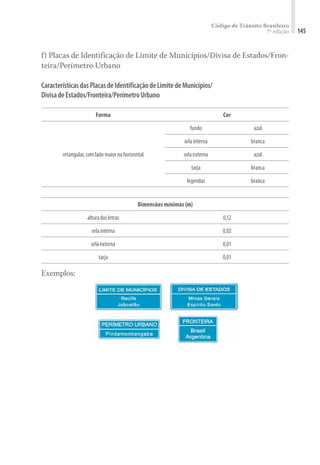 Código de Trânsito Brasileiro
7ª edição 145
f) Placas de Identificação de Limite de Municípios/Divisa de Estados/Fron-
teira/Perímetro Urbano
CaracterísticasdasPlacasdeIdentificaçãodeLimitedeMunicípios/
DivisadeEstados/Fronteira/PerímetroUrbano
Forma Cor
retangular,comladomaiornahorizontal
fundo azul
orlainterna branca
orlaexterna azul
tarja branca
legendas branca
Dimensões mínimas (m)
alturadasletras 0,12
orlainterna 0,02
orlaexterna 0,01
tarja 0,01
Exemplos:
 