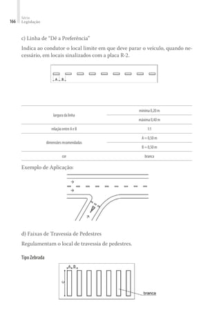 Série
Legislação
166
c) Linha de “Dê a Preferência”
Indica ao condutor o local limite em que deve parar o veículo, quando ne-
cessário, em locais sinalizados com a placa R-2.
larguradalinha
mínima0,20m
máxima0,40m
relaçãoentreAeB 1:1
dimensõesrecomendadas
A=0,50m
B=0,50m
cor branca
Exemplo de Aplicação:
d) Faixas de Travessia de Pedestres
Regulamentam o local de travessia de pedestres.
TipoZebrada
 
