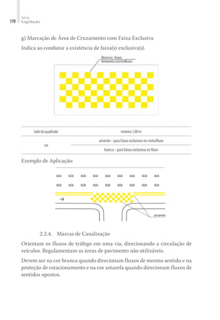 Série
Legislação
170
g) Marcação de Área de Cruzamento com Faixa Exclusiva
Indica ao condutor a existência de faixa(s) exclusiva(s).
ladodoquadrado mínimo1,00m
cor
amarela–parafaixasexclusivasnocontrafluxo
branca–parafaixasexclusivasnofluxo
Exemplo de Aplicação:
2.2.4.	 Marcas de Canalização
Orientam os fluxos de tráfego em uma via, direcionando a circulação de
veículos. Regulamentam as áreas de pavimento não utilizáveis.
Devem ser na cor branca quando direcionam fluxos de mesmo sentido e na
proteção de estacionamento e na cor amarela quando direcionam fluxos de
sentidos opostos.
 