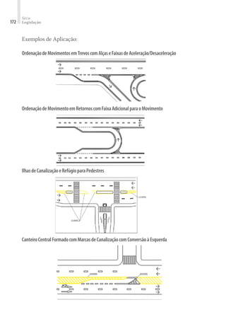 Série
Legislação
172
Exemplos de Aplicação:
OrdenaçãodeMovimentosemTrevoscomAlçaseFaixasdeAceleração/Desaceleração
OrdenaçãodeMovimentoemRetornoscomFaixaAdicionalparaoMovimento
IlhasdeCanalizaçãoeRefúgioparaPedestres
CanteiroCentralFormadocomMarcasdeCanalizaçãocomConversãoàEsquerda
 