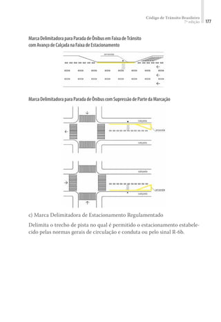 Código de Trânsito Brasileiro
7ª edição 177
MarcaDelimitadoraparaParadadeÔnibusemFaixadeTrânsito
comAvançodeCalçadanaFaixadeEstacionamento
MarcaDelimitadoraparaParadadeÔnibuscomSupressãodePartedaMarcação
c) Marca Delimitadora de Estacionamento Regulamentado
Delimita o trecho de pista no qual é permitido o estacionamento estabele-
cido pelas normas gerais de circulação e conduta ou pelo sinal R-6b.
 
