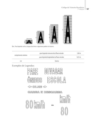 Código de Trânsito Brasileiro
7ª edição 187
Obs.: Para legendas curtas a largura das letras e algarismos podem ser maiores.
comprimentomínimo
paralegendatransversalaofluxoveicular 1,60m
paralegendalongitudinalaofluxoveicular 0,25m
cor branca
Exemplos de Legendas:
 