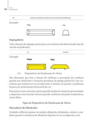 Série
Legislação
192
cor brancaouamarela,deacordocomamarcaviáriaquecomplementa.
Exemplo:
Segregadores
Tem a função de segregar pistas para uso exclusivo de determinado tipo de
veículo ou pedestres.
cor amarela
Exemplo:
3.3. 	 Dispositivos de Sinalização de Alerta
São elementos que têm a função de melhorar a percepção do condutor
quanto aos obstáculos e situações geradoras de perigo potencial à sua cir-
culação, que estejam na via ou adjacentes à mesma, ou quanto a mudanças
bruscas no alinhamento horizontal da via.
Possuem as cores amarela e preta quando sinalizam situações permanentes
e adquirem cores laranja e branca quando sinalizam situações temporárias,
como obras.
Tipos de Dispositivos de Sinalização de Alerta
Marcadores de Obstáculos
Unidades refletivas apostas no próprio obstáculo, destinadas a alertar o con-
dutor quanto à existência de obstáculo disposto na via ou adjacente a ela.
 