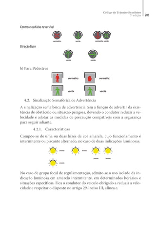 Código de Trânsito Brasileiro
7ª edição 205
Controleoufaixareversível
Direçãolivre
b) Para Pedestres
	 4.2.	 Sinalização Semafórica de Advertência
A sinalização semafórica de advertência tem a função de advertir da exis-
tência de obstáculo ou situação perigosa, devendo o condutor reduzir a ve-
locidade e adotar as medidas de precaução compatíveis com a segurança
para seguir adiante.
4.2.1.	Características
Compõe-se de uma ou duas luzes de cor amarela, cujo funcionamento é
intermitente ou piscante alternado, no caso de duas indicações luminosas.
No caso de grupo focal de regulamentação, admite-se o uso isolado da in-
dicação luminosa em amarelo intermitente, em determinados horários e
situações específicas. Fica o condutor do veículo obrigado a reduzir a velo-
cidade e respeitar o disposto no artigo 29, inciso III, alínea c.
 