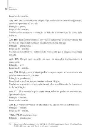 Série
Legislação
70
Penalidade – multa.
Art. 167. Deixar o condutor ou passageiro de usar o cinto de segurança,
conforme previsto no art. 65:
Infração – grave;
Penalidade – multa;
Medida administrativa – retenção do veículo até colocação do cinto pelo
infrator.
Art. 168. Transportar crianças em veículo automotor sem observância das
normas de segurança especiais estabelecidas neste código:
Infração – gravíssima;
Penalidade – multa;
Medida administrativa – retenção do veículo até que a irregularidade seja
sanada.
Art. 169. Dirigir sem atenção ou sem os cuidados indispensáveis à
segurança:
Infração – leve;
Penalidade – multa.
Art. 170. Dirigir ameaçando os pedestres que estejam atravessando a via
pública, ou os demais veículos:
Infração – gravíssima;
Penalidade – multa e suspensão do direito de dirigir;
Medida administrativa – retenção do veículo e recolhimento do documen-
to de habilitação.
Art. 171. Usar o veículo para arremessar, sobre os pedestres ou veículos,
água ou detritos:
Infração – média;
Penalidade – multa.
Art. 172. Atirar do veículo ou abandonar na via objetos ou substâncias:
Infração – média;
Penalidade – multa.
79
Art. 173. Disputar corrida:
Infração – gravíssima;
79	 Caput com redação dada pela Lei nº 12.971, de 9-5-2014, publicada no Diário Oficial da União
de 12-5-2014, em vigor no 1º dia do 6º mês após a publicação.
 