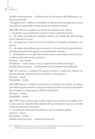 Série
Legislação
72
Medida administrativa – recolhimento do documento de habilitação e re-
moção do veículo.
88
Parágrafo único. Aplica-se em dobro a multa prevista no caput em caso de
reincidência no período de doze meses da infração anterior.
Art. 176. Deixar o condutor envolvido em acidente com vítima:
I – de prestar ou providenciar socorro à vítima, podendo fazê-lo;
II – de adotar providências, podendo fazê-lo, no sentido de evitar perigo
para o trânsito no local;
III – de preservar o local, de forma a facilitar os trabalhos da polícia e da
perícia;
IV – de adotar providências para remover o veículo do local, quando deter-
minadas por policial ou agente da autoridade de trânsito;
V – de identificar-se ao policial e de lhe prestar informações necessárias à
confecção do boletim de ocorrência:
Infração – gravíssima;
Penalidade – multa (cinco vezes) e suspensão do direito de dirigir;
Medida administrativa – recolhimento do documento de habilitação.
Art. 177. Deixar o condutor de prestar socorro à vítima de acidente de
trânsito quando solicitado pela autoridade e seus agentes:
Infração – grave;
Penalidade – multa.
Art. 178. Deixar o condutor, envolvido em acidente sem vítima, de adotar
providências para remover o veículo do local, quando necessária tal medida
para assegurar a segurança e a fluidez do trânsito:
Infração – média;
Penalidade – multa.
Art. 179. Fazer ou deixar que se faça reparo em veículo na via pública, sal-
vo nos casos de impedimento absoluto de sua remoção e em que o veículo
esteja devidamente sinalizado:
I – em pista de rolamento de rodovias e vias de trânsito rápido:
Infração – grave;
Penalidade – multa;
Medida administrativa – remoção do veículo;
88	 Parágrafo acrescido pela Lei nº 12.971, de 9-5-2014, publicada no Diário Oficial da União de
12-5-2014, em vigor no 1º dia do 6º mês após a publicação.
 