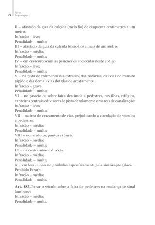 Série
Legislação
76
II – afastado da guia da calçada (meio-fio) de cinquenta centímetros a um
metro:
Infração – leve;
Penalidade – multa;
III – afastado da guia da calçada (meio-fio) a mais de um metro:
Infração – média;
Penalidade – multa;
IV – em desacordo com as posições estabelecidas neste código:
Infração – leve;
Penalidade – multa;
V – na pista de rolamento das estradas, das rodovias, das vias de trânsito
rápido e das demais vias dotadas de acostamento:
Infração – grave;
Penalidade – multa;
VI – no passeio ou sobre faixa destinada a pedestres, nas ilhas, refúgios,
canteiros centrais e divisores de pista de rolamento e marcas de canalização:
Infração – leve;
Penalidade – multa;
VII – na área de cruzamento de vias, prejudicando a circulação de veículos
e pedestres:
Infração – média;
Penalidade – multa;
VIII – nos viadutos, pontes e túneis:
Infração – média;
Penalidade – multa;
IX – na contramão de direção:
Infração – média;
Penalidade – multa;
X – em local e horário proibidos especificamente pela sinalização (placa –
Proibido Parar):
Infração – média;
Penalidade – multa.
Art. 183. Parar o veículo sobre a faixa de pedestres na mudança de sinal
luminoso:
Infração – média;
Penalidade – multa.
 