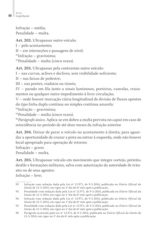 Série
Legislação
80
Infração – média;
Penalidade – multa.
Art. 202. Ultrapassar outro veículo:
I – pelo acostamento;
II – em interseções e passagens de nível;
92
Infração – gravíssima;
93
Penalidade – multa (cinco vezes).
Art. 203. Ultrapassar pela contramão outro veículo:
I – nas curvas, aclives e declives, sem visibilidade suficiente;
II – nas faixas de pedestre;
III – nas pontes, viadutos ou túneis;
IV – parado em fila junto a sinais luminosos, porteiras, cancelas, cruza-
mentos ou qualquer outro impedimento à livre circulação;
V – onde houver marcação viária longitudinal de divisão de fluxos opostos
do tipo linha dupla contínua ou simples contínua amarela:
94
Infração – gravíssima;
95
Penalidade – multa (cinco vezes).
96
Parágrafo único. Aplica-se em dobro a multa prevista no caput em caso de
reincidência no período de até doze meses da infração anterior.
Art. 204. Deixar de parar o veículo no acostamento à direita, para aguar-
dar a oportunidade de cruzar a pista ou entrar à esquerda, onde não houver
local apropriado para operação de retorno:
Infração – grave;
Penalidade – multa.
Art. 205. Ultrapassar veículo em movimento que integre cortejo, préstito,
desfile e formações militares, salvo com autorização da autoridade de trân-
sito ou de seus agentes:
Infração – leve;
92	 Infração com redação dada pela Lei nº 12.971, de 9-5-2014, publicada no Diário Oficial da
União de 12-5-2014, em vigor no 1º dia do 6º mês após a publicação.
93	 Penalidade com redação dada pela Lei nº 12.971, de 9-5-2014, publicada no Diário Oficial da
União de 12-5-2014, em vigor no 1º dia do 6º mês após a publicação.
94	 Infração com redação dada pela Lei nº 12.971, de 9-5-2014, publicada no Diário Oficial da
União de 12-5-2014, em vigor no 1º dia do 6º mês após a publicação.
95	 Penalidade com redação dada pela Lei nº 12.971, de 9-5-2014, publicada no Diário Oficial da
União de 12-5-2014, em vigor no 1º dia do 6º mês após a publicação.
96	 Parágrafo acrescido pela Lei nº 12.971, de 9-5-2014, publicada no Diário Oficial da União de
12-5-2014, em vigor no 1º dia do 6º mês após a publicação.
 