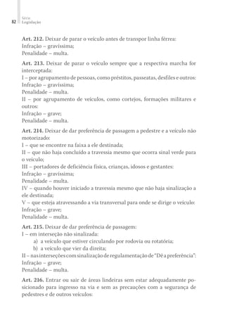 Série
Legislação
82
Art. 212. Deixar de parar o veículo antes de transpor linha férrea:
Infração – gravíssima;
Penalidade – multa.
Art. 213. Deixar de parar o veículo sempre que a respectiva marcha for
interceptada:
I – por agrupamento de pessoas, como préstitos, passeatas, desfiles e outros:
Infração – gravíssima;
Penalidade – multa.
II – por agrupamento de veículos, como cortejos, formações militares e
outros:
Infração – grave;
Penalidade – multa.
Art. 214. Deixar de dar preferência de passagem a pedestre e a veículo não
motorizado:
I – que se encontre na faixa a ele destinada;
II – que não haja concluído a travessia mesmo que ocorra sinal verde para
o veículo;
III – portadores de deficiência física, crianças, idosos e gestantes:
Infração – gravíssima;
Penalidade – multa.
IV – quando houver iniciado a travessia mesmo que não haja sinalização a
ele destinada;
V – que esteja atravessando a via transversal para onde se dirige o veículo:
Infração – grave;
Penalidade – multa.
Art. 215. Deixar de dar preferência de passagem:
I – em interseção não sinalizada:
	 a)	 a veículo que estiver circulando por rodovia ou rotatória;
	 b)	 a veículo que vier da direita;
II–nasinterseçõescomsinalizaçãoderegulamentaçãode“Dêapreferência”:
Infração – grave;
Penalidade – multa.
Art. 216. Entrar ou sair de áreas lindeiras sem estar adequadamente po-
sicionado para ingresso na via e sem as precauções com a segurança de
pedestres e de outros veículos:
 
