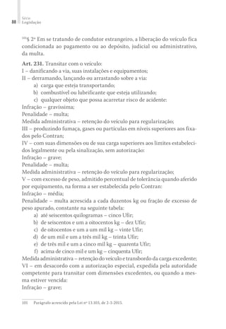 Série
Legislação
88
101
§ 2º Em se tratando de condutor estrangeiro, a liberação do veículo fica
condicionada ao pagamento ou ao depósito, judicial ou administrativo,
da multa.
Art. 231. Transitar com o veículo:
I – danificando a via, suas instalações e equipamentos;
II – derramando, lançando ou arrastando sobre a via:
	 a) 	carga que esteja transportando;
	 b) 	combustível ou lubrificante que esteja utilizando;
	 c) 	qualquer objeto que possa acarretar risco de acidente:
Infração – gravíssima;
Penalidade – multa;
Medida administrativa – retenção do veículo para regularização;
III – produzindo fumaça, gases ou partículas em níveis superiores aos fixa-
dos pelo Contran;
IV – com suas dimensões ou de sua carga superiores aos limites estabeleci-
dos legalmente ou pela sinalização, sem autorização:
Infração – grave;
Penalidade – multa;
Medida administrativa – retenção do veículo para regularização;
V – com excesso de peso, admitido percentual de tolerância quando aferido
por equipamento, na forma a ser estabelecida pelo Contran:
Infração – média;
Penalidade – multa acrescida a cada duzentos kg ou fração de excesso de
peso apurado, constante na seguinte tabela:
	 a) 	até seiscentos quilogramas – cinco Ufir;
	 b) 	de seiscentos e um a oitocentos kg – dez Ufir;
	 c) 	de oitocentos e um a um mil kg – vinte Ufir;
	 d) 	de um mil e um a três mil kg – trinta Ufir;
	 e) 	de três mil e um a cinco mil kg – quarenta Ufir;
	 f) 	acima de cinco mil e um kg – cinquenta Ufir;
Medida administrativa – retenção do veículo e transbordo da carga excedente;
VI – em desacordo com a autorização especial, expedida pela autoridade
competente para transitar com dimensões excedentes, ou quando a mes-
ma estiver vencida:
Infração – grave;
101	 Parágrafo acrescido pela Lei nº 13.103, de 2-3-2015.
 