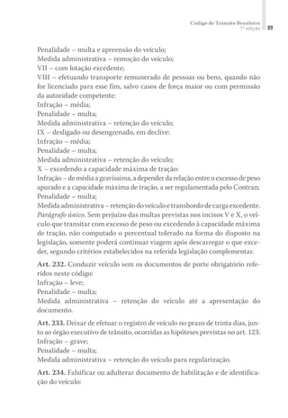 Código de Trânsito Brasileiro
7ª edição 89
Penalidade – multa e apreensão do veículo;
Medida administrativa – remoção do veículo;
VII – com lotação excedente;
VIII – efetuando transporte remunerado de pessoas ou bens, quando não
for licenciado para esse fim, salvo casos de força maior ou com permissão
da autoridade competente:
Infração – média;
Penalidade – multa;
Medida administrativa – retenção do veículo;
IX – desligado ou desengrenado, em declive:
Infração – média;
Penalidade – multa;
Medida administrativa – retenção do veículo;
X – excedendo a capacidade máxima de tração:
Infração–demédiaagravíssima,adependerdarelaçãoentreoexcessodepeso
apurado e a capacidade máxima de tração, a ser regulamentada pelo Contran;
Penalidade – multa;
Medidaadministrativa–retençãodoveículoetransbordodecargaexcedente.
Parágrafo único. Sem prejuízo das multas previstas nos incisos V e X, o veí-
culo que transitar com excesso de peso ou excedendo à capacidade máxima
de tração, não computado o percentual tolerado na forma do disposto na
legislação, somente poderá continuar viagem após descarregar o que exce-
der, segundo critérios estabelecidos na referida legislação complementar.
Art. 232. Conduzir veículo sem os documentos de porte obrigatório refe-
ridos neste código:
Infração – leve;
Penalidade – multa;
Medida administrativa – retenção do veículo até a apresentação do
documento.
Art. 233. Deixar de efetuar o registro de veículo no prazo de trinta dias, jun-
to ao órgão executivo de trânsito, ocorridas as hipóteses previstas no art. 123:
Infração – grave;
Penalidade – multa;
Medida administrativa – retenção do veículo para regularização.
Art. 234. Falsificar ou adulterar documento de habilitação e de identifica-
ção do veículo:
 
