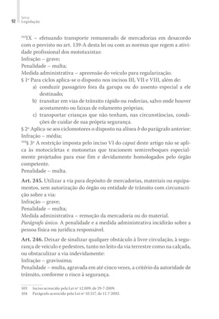 Série
Legislação
92
103
IX – efetuando transporte remunerado de mercadorias em desacordo
com o previsto no art. 139-A desta lei ou com as normas que regem a ativi-
dade profissional dos mototaxistas:
Infração – grave;
Penalidade – multa;
Medida administrativa – apreensão do veículo para regularização.
§ 1º Para ciclos aplica-se o disposto nos incisos III, VII e VIII, além de:
	 a) 	conduzir passageiro fora da garupa ou do assento especial a ele
destinado;
	 b) 	transitar em vias de trânsito rápido ou rodovias, salvo onde houver
acostamento ou faixas de rolamento próprias;
	 c) 	transportar crianças que não tenham, nas circunstâncias, condi-
ções de cuidar de sua própria segurança.
§ 2º Aplica-se aos ciclomotores o disposto na alínea b do parágrafo anterior:
Infração – média;
104
§ 3º A restrição imposta pelo inciso VI do caput deste artigo não se apli-
ca às motocicletas e motonetas que tracionem semirreboques especial-
mente projetados para esse fim e devidamente homologados pelo órgão
competente.
Penalidade – multa.
Art. 245. Utilizar a via para depósito de mercadorias, materiais ou equipa-
mentos, sem autorização do órgão ou entidade de trânsito com circunscri-
ção sobre a via:
Infração – grave;
Penalidade – multa;
Medida administrativa – remoção da mercadoria ou do material.
Parágrafo único. A penalidade e a medida administrativa incidirão sobre a
pessoa física ou jurídica responsável.
Art. 246. Deixar de sinalizar qualquer obstáculo à livre circulação, à segu-
rança de veículo e pedestres, tanto no leito da via terrestre como na calçada,
ou obstaculizar a via indevidamente:
Infração – gravíssima;
Penalidade – multa, agravada em até cinco vezes, a critério da autoridade de
trânsito, conforme o risco à segurança.
103	 Inciso acrescido pela Lei nº 12.009, de 29-7-2009.
104	 Parágrafo acrescido pela Lei nº 10.517, de 11-7-2002.
 