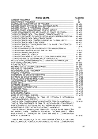 ÍNDICE GERAL                                                              PÁGINAS
SISTEMA TRIBUTÁRIO .......................................................................................               01
COMPETÊNCIA TRIBUTÁRIA .............................................................................                     02
LIMITAÇÃO DE COMPETÊNCIA DE TRIBUTAR ................................................                                  02 a 04
IMPOSTO SOBRE SERVIÇO DE QUALQUER NATUREZA ...............................                                             05 a 28
IMPOSTO PREDIAL E TERRITORIAL URBANO ................................................                                  28 a 42
IMPOSTO SOBRE A TRANSMISSÃO DE BENS IMÓVEIS ................................                                           42 a 52
TAXAS DECORRENTES DAS ATIVIDADES DO PODER DE POLÍCIA .............                                                     52 a 53
TAXA DE LICENÇA PARA LOCALIZAÇÃO E FUNCIONAMENTO .....................                                                 53 a 60
TAXA DE VERIFICAÇÃO E FUNCION. REGULAR DE ESTABELECIMENTO....                                                          60 a 63
TAXA DE LICENÇA PARA EXECUÇÃO DE OBRAS ..........................................                                      63 a 66
TAXA DE LICENÇA PARA COMÉRCIO EVENTUAL OU AMBULANTE .............                                                      66 a 69
TAXA DE LICENÇA PARA PUBLICIDADE ..........................................................                            69 a 71
TAXA DE LICENÇA P/ OCUPAÇÃO DE SOLO EM VIAS E LOG. PÚBLICOS....                                                        72 a 73
TAXA DE SAÚDE PÚBLICA .................................................................................                73 a 76
TAXAS DECORRENTES DA UTILIZAÇÃO EFETIVA OU POTENCIAL .............                                                       77
TAXA DE LIMPEZA PÚBLICA E COLETA DE LIXO ............................................                                  78 a 79
TAXA DE COMBATE A INCÊNDIO ......................................................................                      79 a 81
TAXA DE ILUMINAÇÃO PÚBLICA .......................................................................                     81 a 82
TAXA DE CONSERVAÇÃO DE VIAS E LOGRADOUROS PÚBLICOS ..............                                                      82 a 83
TAXA DE VISTORIA E SEGURANÇA CONTRA INCÊNDIO ..............................                                            84 a 87
DEMAIS SERVIÇOS PRESTADOS PELO MUNICÍPIO DE ITAPERUÇU ...........                                                        88
CONTRIBUIÇÃO DE MELHORIA ........................................................................                      89 a 93
CADASTRO RURAL .............................................................................................           94 a 95
NORMAS GERAIS E COMPLEMENTARES ........................................................                                95 a 97
OBRIGAÇÃO TRIBUTÁRIA ..................................................................................               97 a 101
RESPONSABILIDADE TRIBUTÁRIA ...................................................................                       101 a 104
CRÉDITO TRIBUTÁRIO .......................................................................................            105 a 109
SUSPENSÃO DO CRÉDITO TRIBUTÁRIO .........................................................                             109 a 114
EXTINSÃO DO CRÉDITO TRIBUTÁRIO .............................................................                          114 a 123
EXCLUSÃO DO CRÉDITO TRIBUTÁRIO ............................................................                           123 a 125
ADMINISTRAÇÃO TRIBUTÁRIA .........................................................................                    125 a 128
DÍVIDA ATIVA ......................................................................................................   128 a 133
CERTIDÃO NEGATIVA ........................................................................................            134 a 135
PROCEDIMENTO TRIBUTÁRIO ..........................................................................                    135 a 144
CADASTRO FISCAL ............................................................................................          144 a 145
MICROEMPRESAS ..............................................................................................          145 a 148
DISPOSIÇÕES FINAIS ........................................................................................           148 a 150
LISTA DE SERVIÇOS – ANEXO I ........................................................................                  151 a 157
TABELA PARA COBRANÇA DA TAXA DE VISTORIA E SEGURANÇA
CONTRA INCÊNDIO – ANEXO II ........................................................................                      158
TABELA PARA COBRANÇA DA TAXA DE SAÚDE PÚBLICA – ANEXO III .......                                                     159 a 161
TABELA PARA COBRANÇA DA TAXA DE LICENÇA PARA LOCALIZAÇÃO E
FUNCIONAMENTO REGULAR DE ESTABELECIMENTOS COMERCIAIS,
INDUSTRIAIS E PRESTADORES DE SERVIÇO – ANEXO IV ...........................                                             161
TABELA PARA COBRANCA DAS TAXAS DE LICENÇA PARA EXECUÇÃO
DE OBRAS, PARA COMÉRCIO EVENTUAL OU AMBULANTE, PARA
PUBLICIDADE E OCUPAÇÃO DE SOLO EM VIAS E LOGRADOUROS
PÚBLICOS – ANEXO V ........................................................................................           162 a 163

TABELA PARA COBRANÇA DA TAXA DE LIMPEZA PÚBLICA, COLETA DE
LIXO, ILUMINAÇÃO PÚBLICA, CONSERVAÇÃO DE VIAS E LOGRADOUROS

                                                                                                                              168
 
