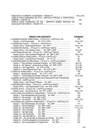 PÚBLICOS E COMBATE A INCÊNDIO – ANEXO VI .......................................... 164 a 165
TABELA PARA COBRANÇA DE IPTU – IMPOSTO PREDIAL E TERRITORIAL
URBANO – ANEXO VII ........................................................................................ 165
TABELA PARA COBRANÇA DE ISS – IMPOSTO SOBRE SERVIÇO DE
QUALQUER NATUREZA – ANEXO VIII ..............................................................               166




                 ÍNDICE POR ASSUNTO                                                                  PÁGINAS
• ADMINISTRAÇÃO TRIBUTÁRIA – TÍTULO VII – CAPÍTULO VIII                                                 125
    - Seção I – Da Fiscalização       Art. 371º a 376º ......................................        125 a 128
•   CADASTRO FISCAL – TÍTULO X – CAPÍTULO II ....................................                       144
    - Seção Única – Disposições Gerais Art. 432 º .....................................              144 a 145
•   CADASTRO RURAL – TÍTULO VI – CAPÍTULO ÚNICO ..........................                              94
    - Seção Única – Do Cadastro Rural         Art. 282º a 289º ..........................             94 a 95
•   CERTIDÃO NEGATIVA – TÍTULO IX – CAPÍTULO ÚNICO ......................                               134
    - Seção Única – Das Certidões Negativas Art. 390º a 397º ....................                    134 a 135
•   COMPETÊNCIA TRIBUTÁRIA – TÍTULO II CAPÍTULO I ..........................                            02
    - Seção Única – Competência Tributária          Art. 3º a 4º ............................           02
•   CONTRIBUIÇÃO DE MELHORIA – TÍTULO V – CAPÍTULO ÚNICO .......                                        89
    - Seção I – Fato Gerador e Sujeição Passiva Art. 263º a 268º ...............                      89 a 91
    - Seção II – Do Cálculo, Lançamento e Edital Art. 269º a 275º ...............                     91 a 92
    - Seção III – Do Pagamento Art. 276º a 278º ........................................              92 a 93
    - Seção IV – Das Disposições Finais Art. 279º a 281º ...........................                  93 a 94
•   CRÉDITO TRIBUTÁRIO – TÍTULO VII – CAPÍTULO IV ............................                          105
    - Seção I – Disposições Gerais      Art. 317º a 319º ..................................             105
    - Seção II – Constituição do Crédito Tributário Art. 320º a 325º ..............                  105 a 109
•   DEMAIS SERVIÇOS PRESTADOS PELO MUNICÍPIO DE ITAPERUÇU
    TÍTULO IV – CAPÍTULO XV ......................................................................      88
    - Seção Única – Dos Preços Públicos Art. 262º ....................................                  88
•   DISPOSIÇÕES FINAIS - TÍTULO XI – CAPÍTULO ÚNICO .......................                             148
    - Seção Única – Das Disposições Finais Art. 442º a 450º .......................                  148 a 150
•   DÍVIDA ATIVA – TÍTULO VIII – CAPÍTULO ÚNICO ..................................                      128
    - Seção Única – Da Dívida Ativa Art. 377º a 389º ...................................             128 a 133
•   EXCLUSÃO DO CRÉDITO TRIBUTÁRIO – TÍTULO VII – CAPÍTULO VII.                                         123
    - Seção I – Das Modalidades de Exclusão Art. 364º .............................                     123
    - Seção II – Da Isenção Art. 365º a 367º ...............................................            124
    - Seção III – Da Anistia    Art. 368º a 370º ...............................................     124 a 125
•   EXTINSÃO DO CRÉDITO TRIBUTÁRIO – TÍTULO VII – CAPÍTULO VI...                                        114
    - Seção I – Das Modalidades de Extinção Art. 338º ..............................                    114
    - Seção II – da Arrecadação       Art. 339º a 349º ......................................        115 a 117
    - Seção III – da Restituição      Art. 350º a 355º ......................................        117 a 118
    - Seção IV – Da Transição         Art. 356º .................................................       119
    - Seção V – Da Remissão           Art. 357º .................................................       119
    - Seção VI – Da Prescrição        Art. 358º .................................................       120
    - Seção VII – Da Decadência       Art. 359º .................................................       120
    - Seção VIII – Da Conversão do Depósito em Renda Art. 360º ............                             121
    - Seção IX – Da Homologação do Lançamento                  Art. 361º .....................          121
    - Seção X – Da Consignação em Pagamento                    Art. 362º ....................           122

                                                                                                             169
 