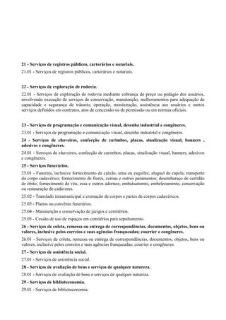 21 - Serviços de registros públicos, cartorários e notariais.
21.01 - Serviços de registros públicos, cartorários e notariais.
22 - Serviços de exploração de rodovia.
22.01 - Serviços de exploração de rodovia mediante cobrança de preço ou pedágio dos usuários,
envolvendo execução de serviços de conservação, manutenção, melhoramentos para adequação de
capacidade e segurança de trânsito, operação, monitoração, assistência aos usuários e outros
serviços definidos em contratos, atos de concessão ou de permissão ou em normas oficiais.
23 - Serviços de programação e comunicação visual, desenho industrial e congêneres.
23.01 - Serviços de programação e comunicação visual, desenho industrial e congêneres.
24 - Serviços de chaveiros, confecção de carimbos, placas, sinalização visual, banners ,
adesivos e congêneres.
24.01 - Serviços de chaveiros, confecção de carimbos, placas, sinalização visual, banners, adesivos
e congêneres.
25 - Serviços funerários.
25.01 - Funerais, inclusive fornecimento de caixão, urna ou esquifes; aluguel de capela; transporte
do corpo cadavérico; fornecimento de flores, coroas e outros paramentos; desembaraço de certidão
de óbito; fornecimento de véu, essa e outros adornos; embalsamento, embelezamento, conservação
ou restauração de cadáveres.
25.02 - Translado intramunicipal e cremação de corpos e partes de corpos cadavéricos.
25.03 - Planos ou convênio funerários.
25.04 - Manutenção e conservação de jazigos e cemitérios.
25.05 - Cessão de uso de espaços em cemitérios para sepultamento.
26 - Serviços de coleta, remessa ou entrega de correspondências, documentos, objetos, bens ou
valores, inclusive pelos correios e suas agências franqueadas; courrier e congêneres.
26.01 - Serviços de coleta, remessa ou entrega de correspondências, documentos, objetos, bens ou
valores, inclusive pelos correios e suas agências franqueadas; courrier e congêneres.
27 - Serviços de assistência social.
27.01 - Serviços de assistência social.
28 - Serviços de avaliação de bens e serviços de qualquer natureza.
28.01 - Serviços de avaliação de bens e serviços de qualquer natureza.
29 - Serviços de biblioteconomia.
29.01 - Serviços de biblioteconomia.
 