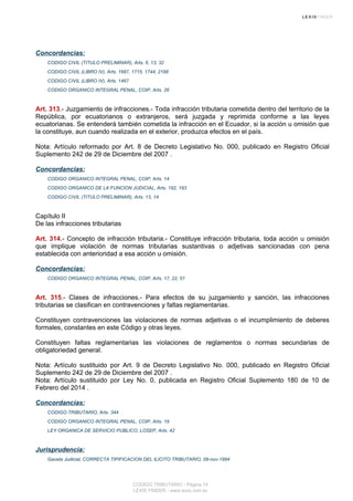 Concordancias:
CODIGO CIVIL (TITULO PRELIMINAR), Arts. 6, 13, 32
CODIGO CIVIL (LIBRO IV), Arts. 1687, 1715, 1744, 2198
CODIGO CIVIL (LIBRO IV), Arts. 1467
CODIGO ORGANICO INTEGRAL PENAL, COIP, Arts. 26
Art. 313.- Juzgamiento de infracciones.- Toda infracción tributaria cometida dentro del territorio de la
República, por ecuatorianos o extranjeros, será juzgada y reprimida conforme a las leyes
ecuatorianas. Se entenderá también cometida la infracción en el Ecuador, si la acción u omisión que
la constituye, aun cuando realizada en el exterior, produzca efectos en el país.
Nota: Artículo reformado por Art. 8 de Decreto Legislativo No. 000, publicado en Registro Oficial
Suplemento 242 de 29 de Diciembre del 2007 .
Concordancias:
CODIGO ORGANICO INTEGRAL PENAL, COIP, Arts. 14
CODIGO ORGANICO DE LA FUNCION JUDICIAL, Arts. 192, 193
CODIGO CIVIL (TITULO PRELIMINAR), Arts. 13, 14
Capítulo II
De las infracciones tributarias
Art. 314.- Concepto de infracción tributaria.- Constituye infracción tributaria, toda acción u omisión
que implique violación de normas tributarias sustantivas o adjetivas sancionadas con pena
establecida con anterioridad a esa acción u omisión.
Concordancias:
CODIGO ORGANICO INTEGRAL PENAL, COIP, Arts. 17, 22, 51
Art. 315.- Clases de infracciones.- Para efectos de su juzgamiento y sanción, las infracciones
tributarias se clasifican en contravenciones y faltas reglamentarias.
Constituyen contravenciones las violaciones de normas adjetivas o el incumplimiento de deberes
formales, constantes en este Código y otras leyes.
Constituyen faltas reglamentarias las violaciones de reglamentos o normas secundarias de
obligatoriedad general.
Nota: Artículo sustituido por Art. 9 de Decreto Legislativo No. 000, publicado en Registro Oficial
Suplemento 242 de 29 de Diciembre del 2007 .
Nota: Artículo sustituido por Ley No. 0, publicada en Registro Oficial Suplemento 180 de 10 de
Febrero del 2014 .
Concordancias:
CODIGO TRIBUTARIO, Arts. 344
CODIGO ORGANICO INTEGRAL PENAL, COIP, Arts. 19
LEY ORGANICA DE SERVICIO PUBLICO, LOSEP, Arts. 42
Jurisprudencia:
Gaceta Judicial, CORRECTA TIPIFICACION DEL ILICITO TRIBUTARIO, 09-nov-1994
CODIGO TRIBUTARIO - Página 74
LEXIS FINDER - www.lexis.com.ec
 
